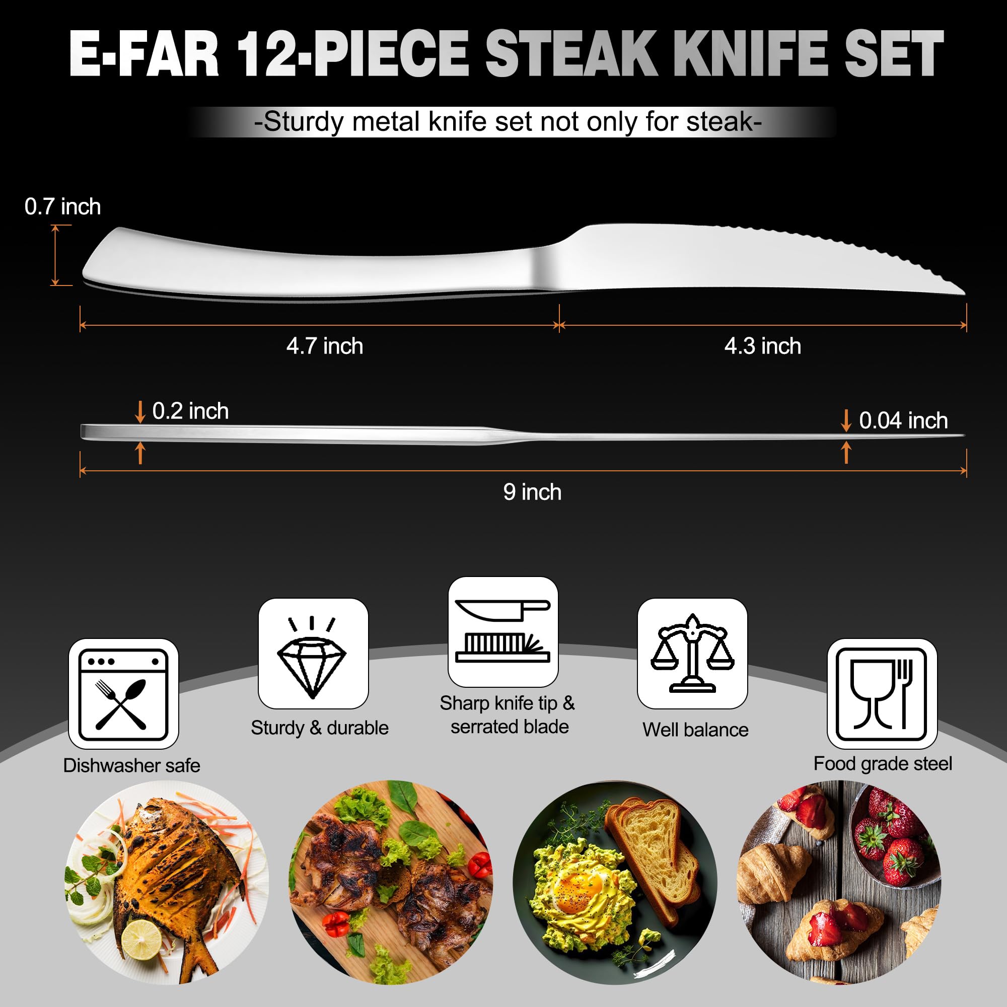 Premium Serrated Steak Knives Set of 12 - 9 Inch Stainless Steel Dinner Knives with Ergonomic Handle & Sharp Blade - Mirror Silver Finish - Dishwasher Safe - Perfect for Home Kitchen, Restaurant & Outdoor BBQ Parties