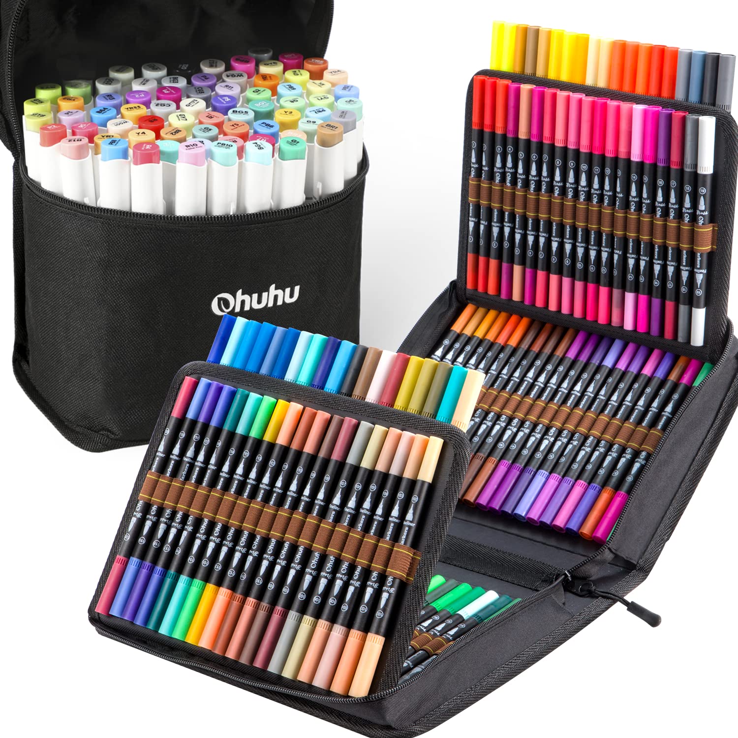 Ohuhu 120 Colors Dual Tip Alcohol Markers Set - Brush & Fine Tip Art Markers for Adult Coloring Books, Sketching, Illustration & Calligraphy | Includes 72 Unique Colors with Chisel & Brush Tips for Professional Artists & Beginners