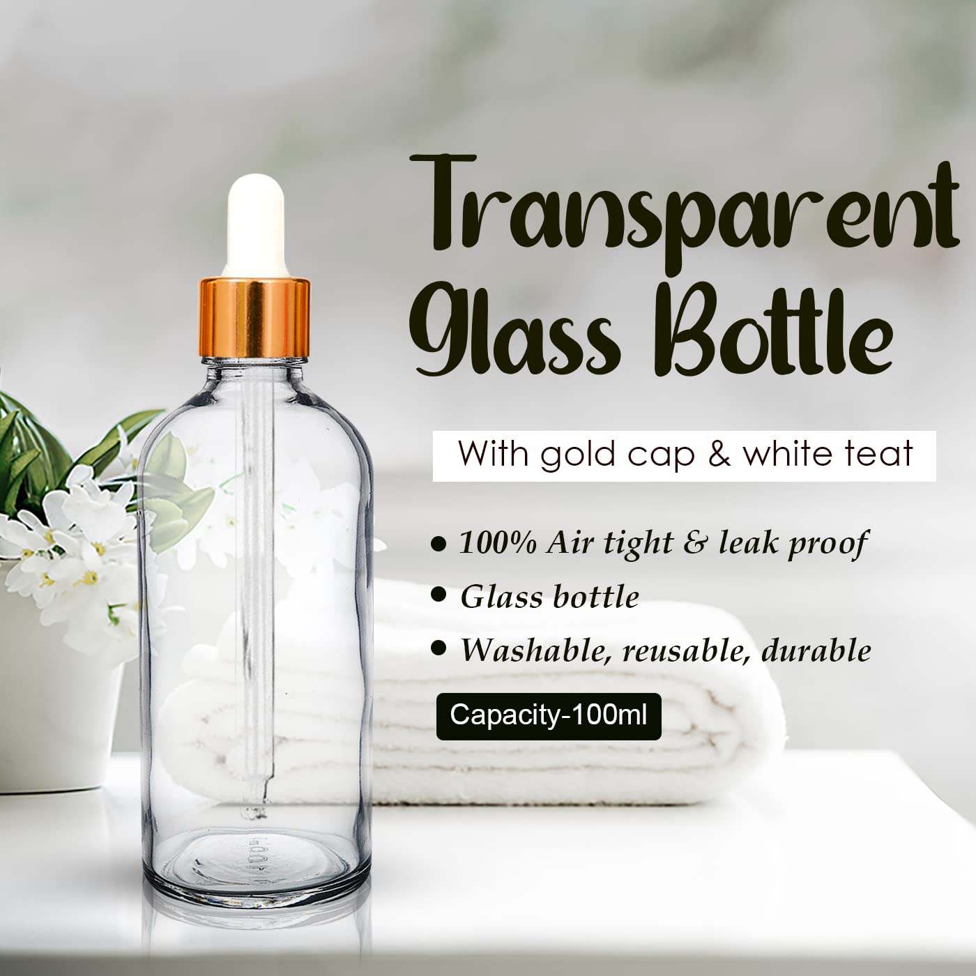 NSB Herbals 100ml Clear Round Empty Glass Bottle with Glass Dropper, Golden Ring & White Silicone Teat - Refillable for Essential Oils, Perfumes, DIY Beauty (Pack of 1) | Perfect for Aromatherapy, Travel & Home Fragrance