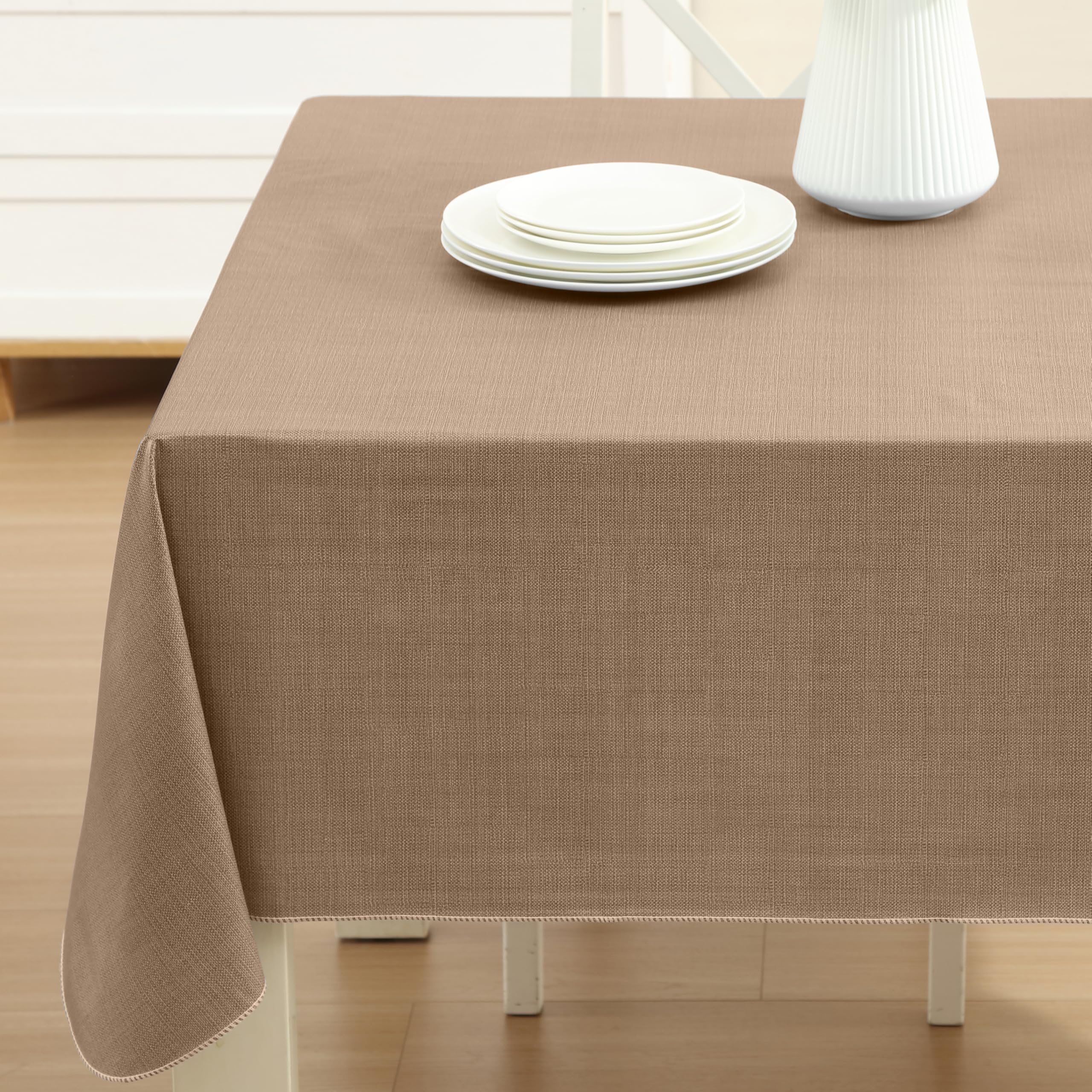 Premium Heavy 4 Gauge Vinyl Flannel Backed Tablecloth - Cafe Hotel Linen Look Solid Taupe - 60x84 Inch Rectangle - Indoor/Outdoor Wipe Clean - Perfect for Restaurants, Weddings & Outdoor Dining