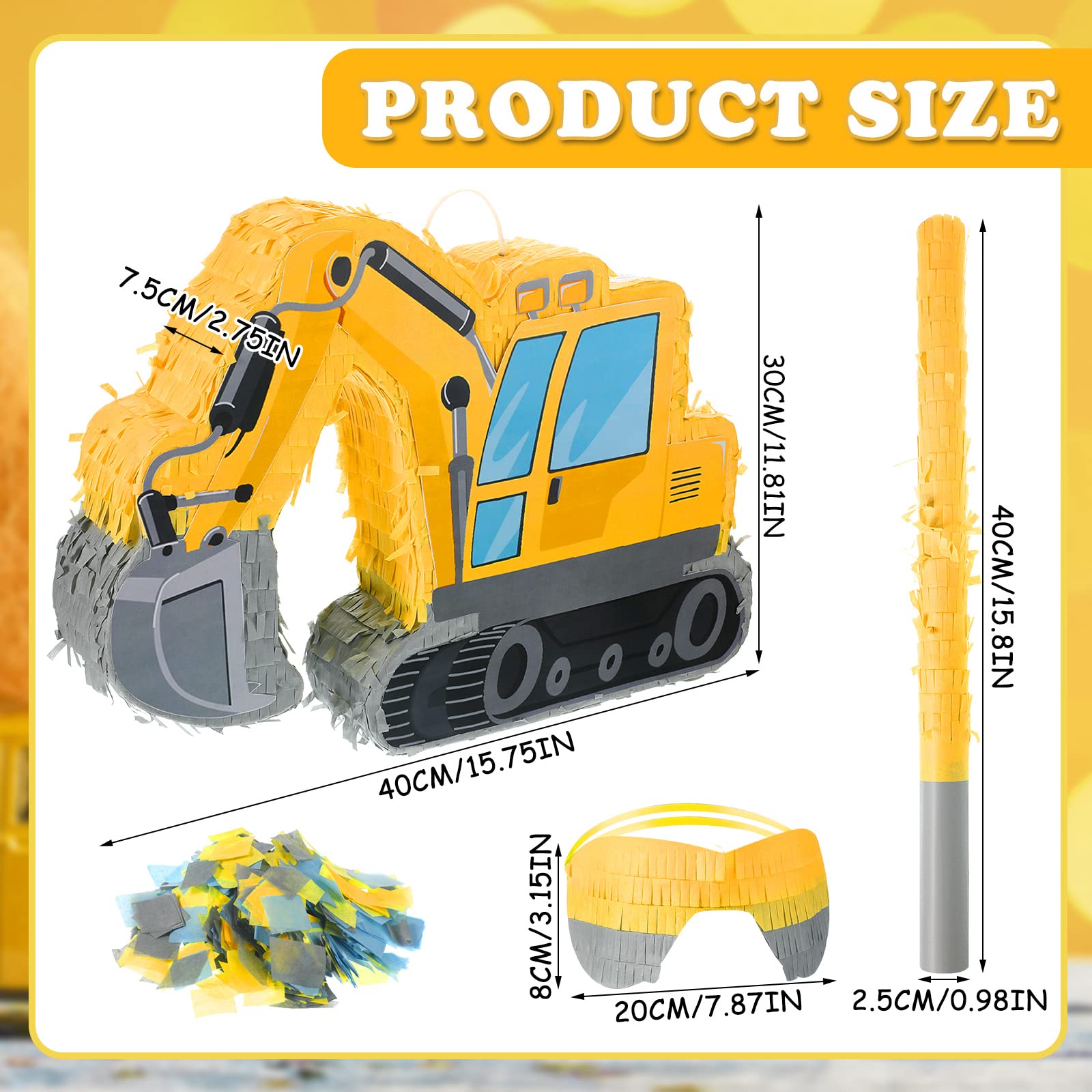 Ferraycle Excavator Construction Truck Pinata for Boys Birthday Party - Kids Construction Theme Party Supplies with Blindfold, Bat, Confetti & Number Crane Tractors - Perfect for Construction Birthday Parties, School Events & Pinata Games