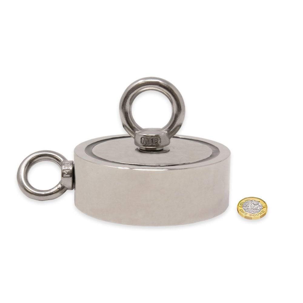N42 Neodymium Pot Magnet with M12 & M10 Eyebolts & 10m Rope - 116mm x 32mm - 882lbs Pull Force for Magnet Fishing, Underwater Recovery, Metal Detecting & Treasure Hunting - Perfect for Lakes, Rivers & Outdoor Adventures