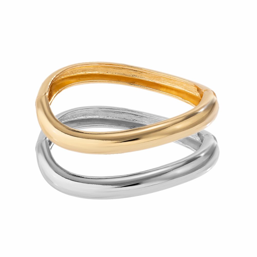 Trendy Gold & Silver Cuff Bangle Bracelets Set for Women - Chunky Minimalist Open Wide Hinged Arm Cuff Jewelry (2PC) - Perfect for Parties, Weddings & Everyday Fashion Accessories