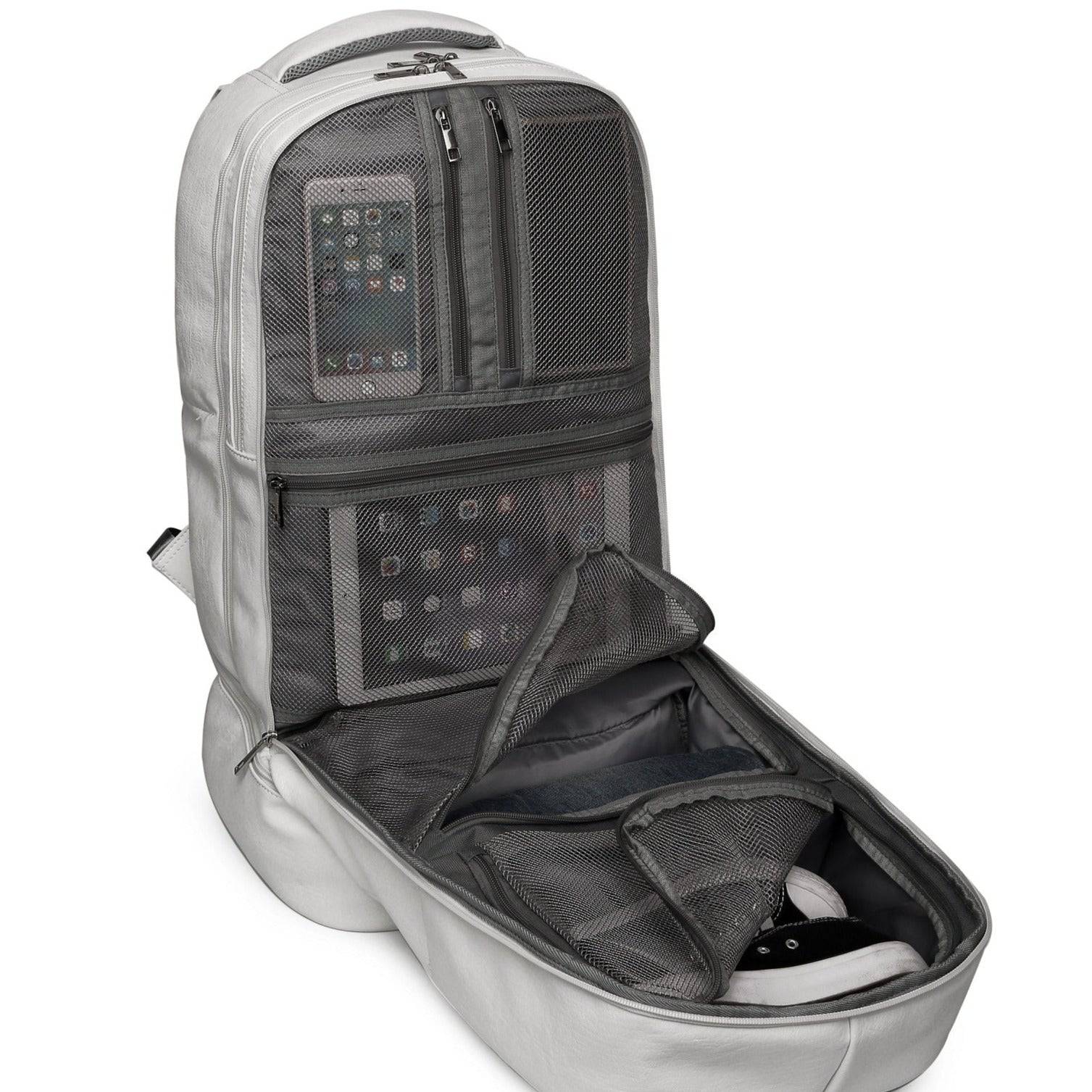 Premium White Leather Carry-On Backpack with Patented Signature Design - Stylish Travel Companion for Business Trips & Weekend Getaways