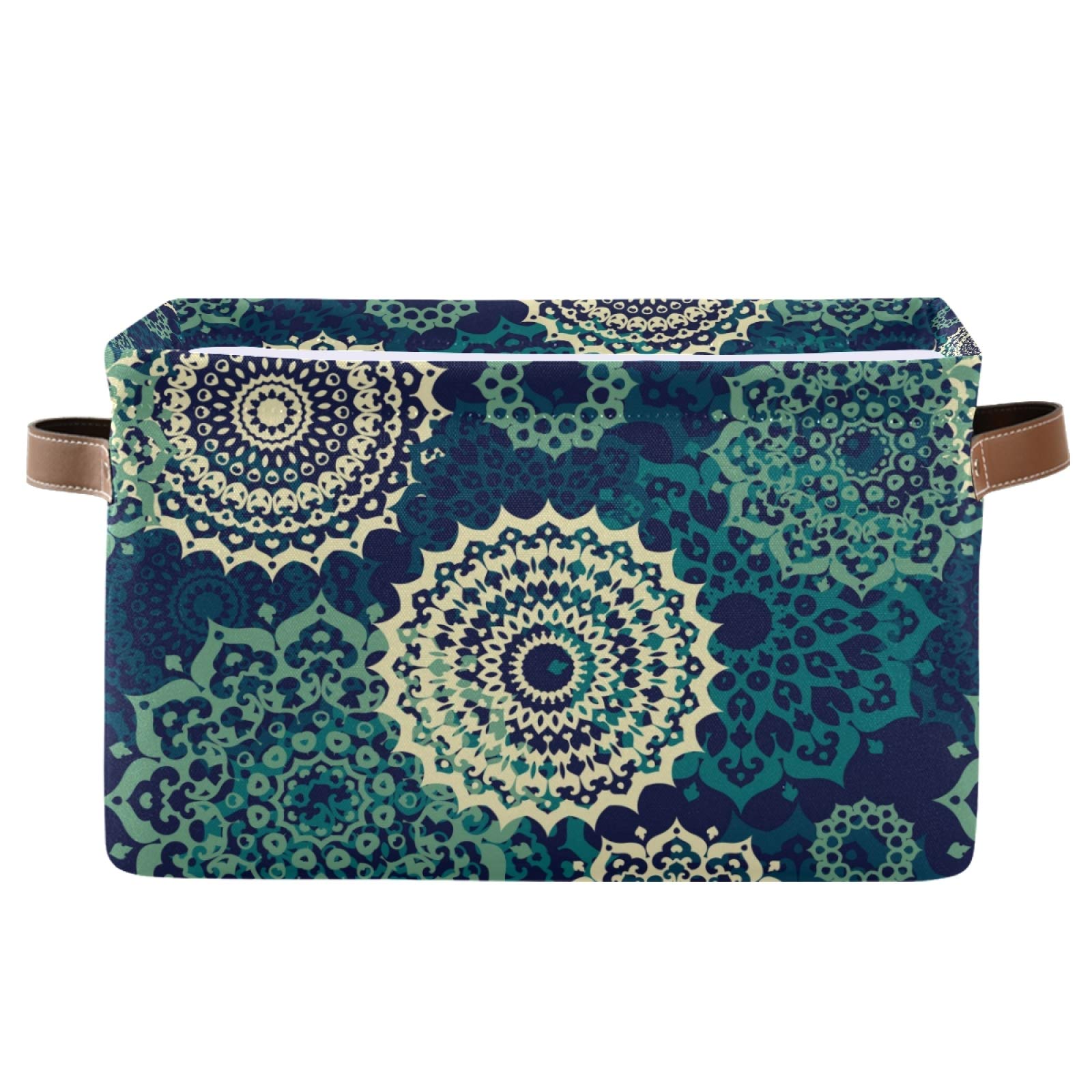 Large Foldable Bohemian Mandala Storage Bins with Leather Handles - Organizer for Home, Office, Closet & Shelves | Perfect for Blankets, Toys & Home Decor Storage