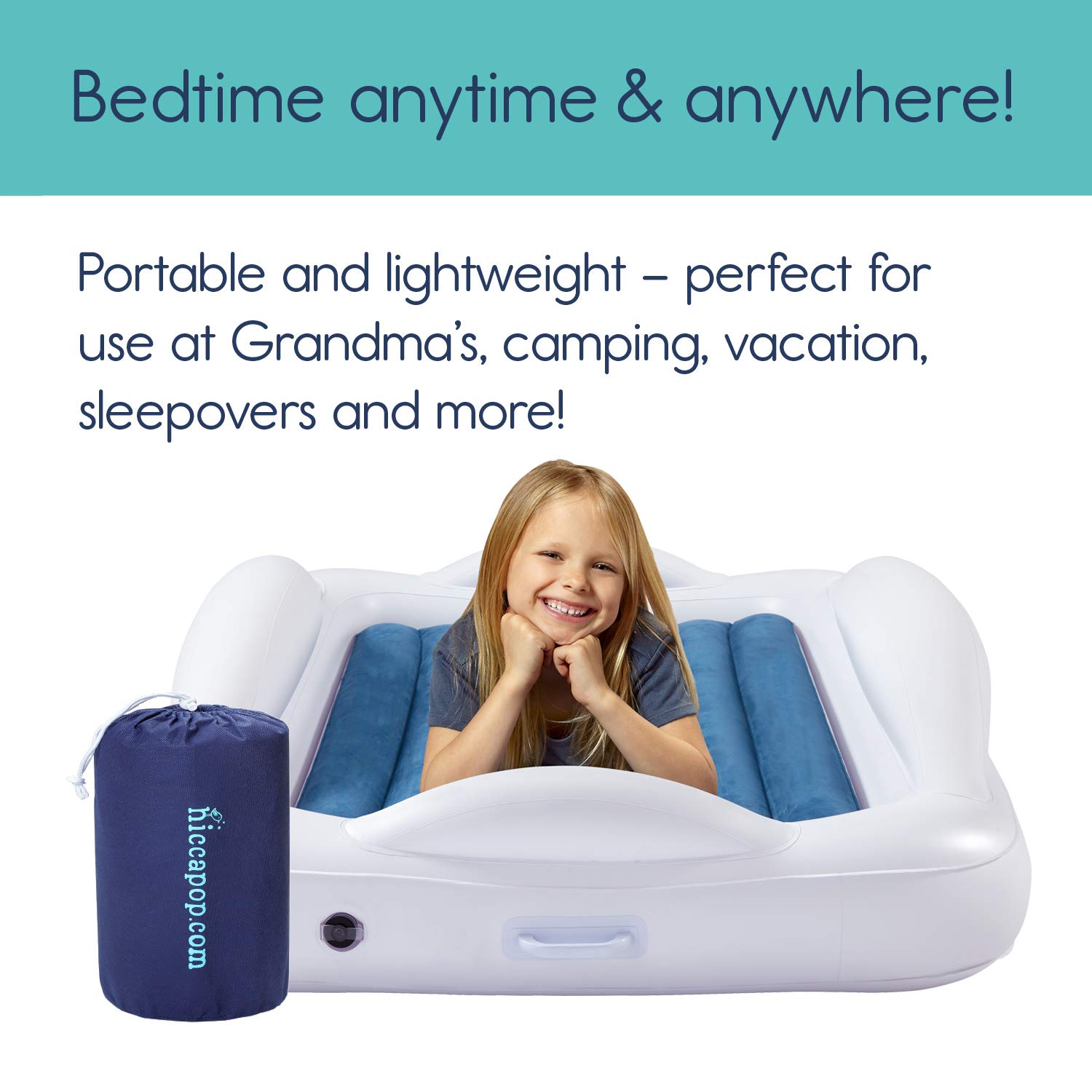 Hiccapop Inflatable Toddler Travel Bed with 4-Sided Safety Bumpers | Portable Kids Air Mattress for Camping & Sleepovers | Navy Blue Toddler Bed for Home, Travel & Daycare Use