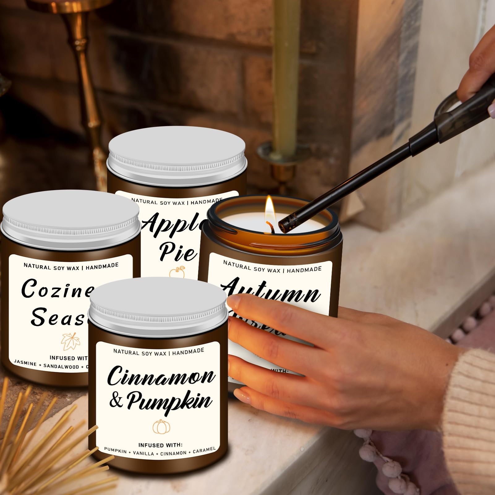 Fall Scented Candles Set of 4 - Apple Pie, Autumn Wreath, Cozy Season & Cinnamon Pumpkin Aromas | Home Decor & Seasonal Gifts for Women & Men | Perfect for Thanksgiving, Cozy Evenings & Autumn Home Fragrance