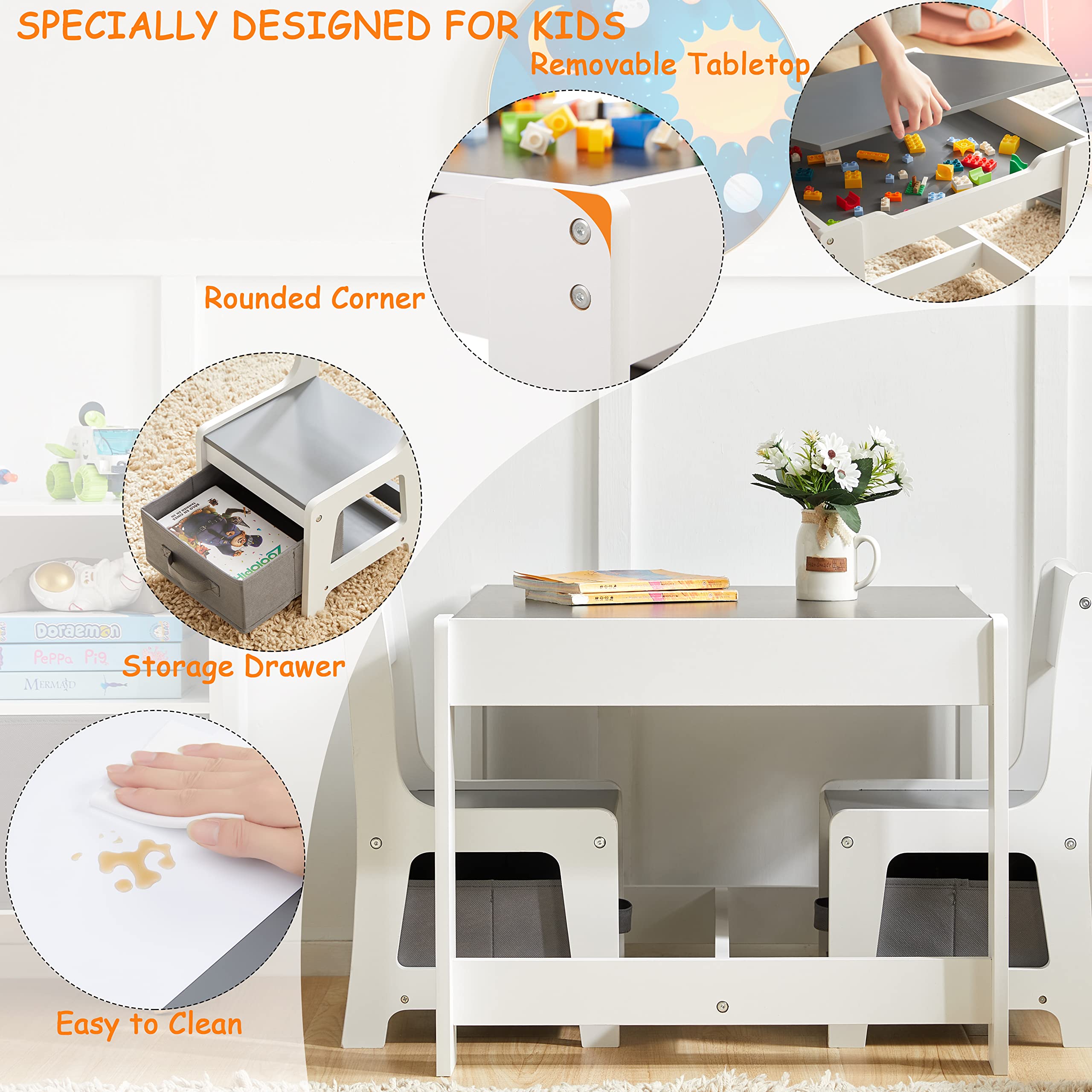 3-in-1 Wooden Kids Table and Chair Set with Storage Drawer - Toddler Activity Table for Drawing, Reading & Crafts - 2-in-1 Detachable Tabletop - Perfect for Nursery, Playroom & Homeschooling