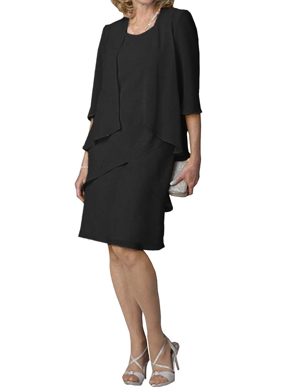 Elegant Mother of the Bride Dress - Short Formal Evening Gown with 3/4 Sleeve Chiffon Jacket & Tiered Skirt | Perfect for Weddings, Cocktail Parties & Special Occasions