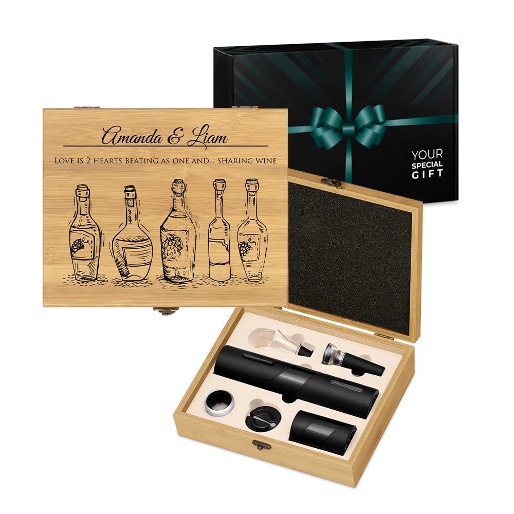 Premium Electric Wine Opener Set - Personalized Wedding & Anniversary Gift for Couples - Wine Lover Accessories Kit with Engraved Wooden Box - Perfect for Romantic Dinners, Housewarming Parties & Wine Tasting Events