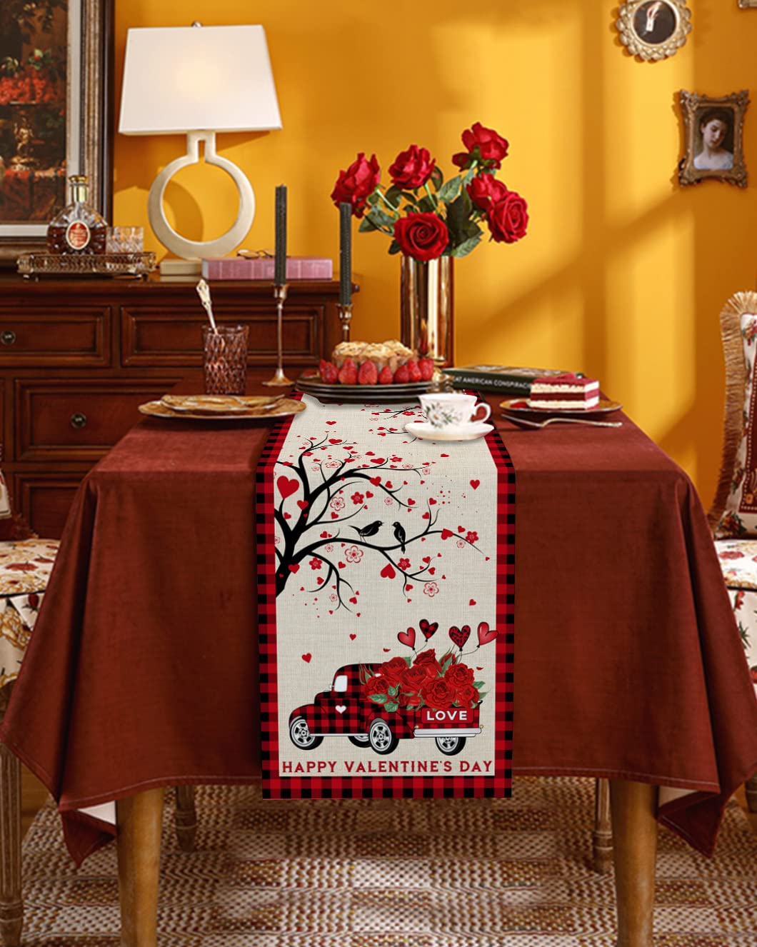 108-Inch Valentine's Day Table Runner - Red Rose & Black Buffalo Plaid Kitchen Decor for Parties, Coffee Tables, and Home - Perfect for Romantic Dinners, Holiday Gatherings, and Seasonal Home Styling (13x108 Inches)