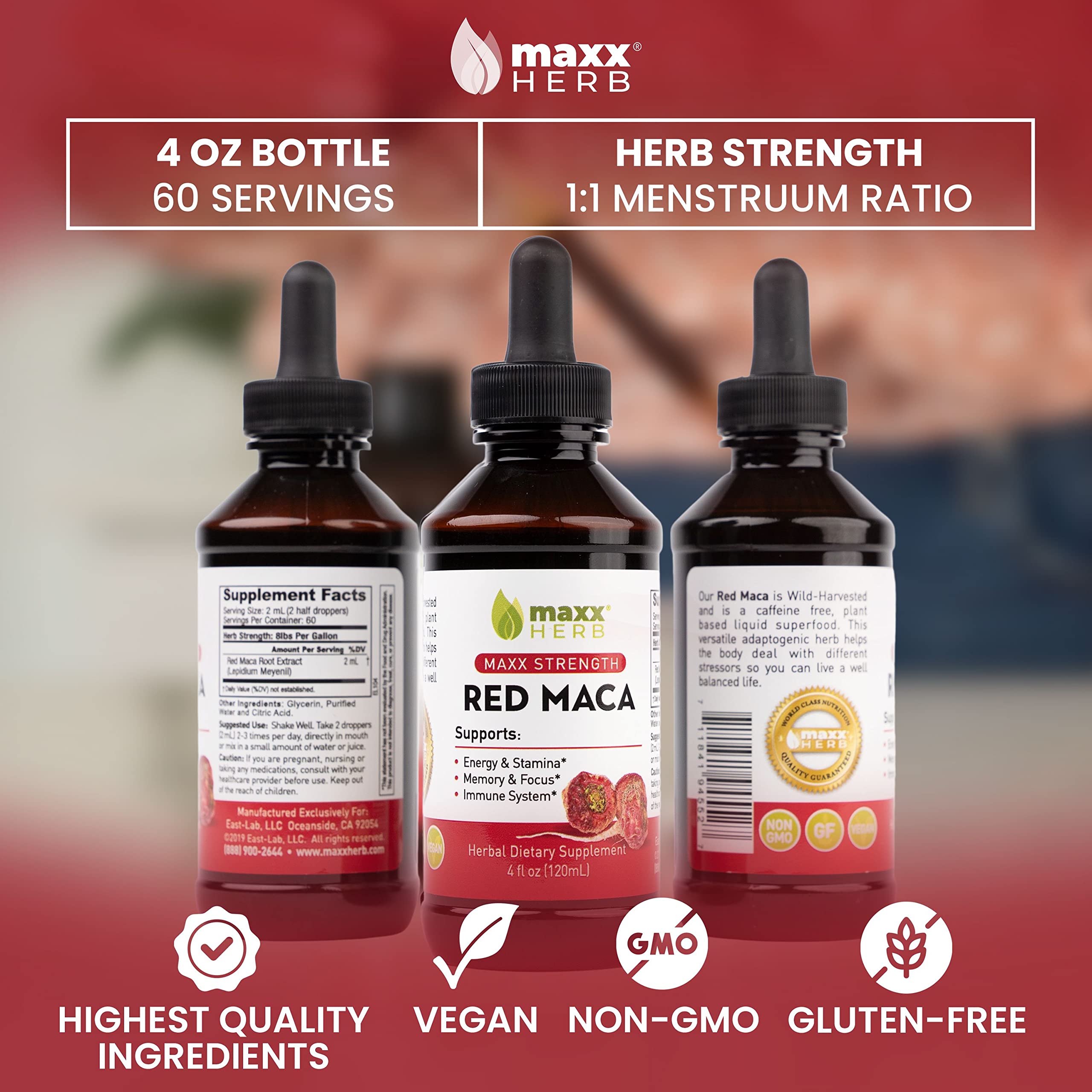 Maxx Herb Red Maca Root Extract - Max Strength Liquid Drops for Energy, Memory & Focus - Alcohol-Free Supplement - Better Absorption Than Powder or Capsules - 4 Bottles (4oz Each, 240 Servings) - Perfect for Workout Boosting, Study Focus & Daily Wellness Support