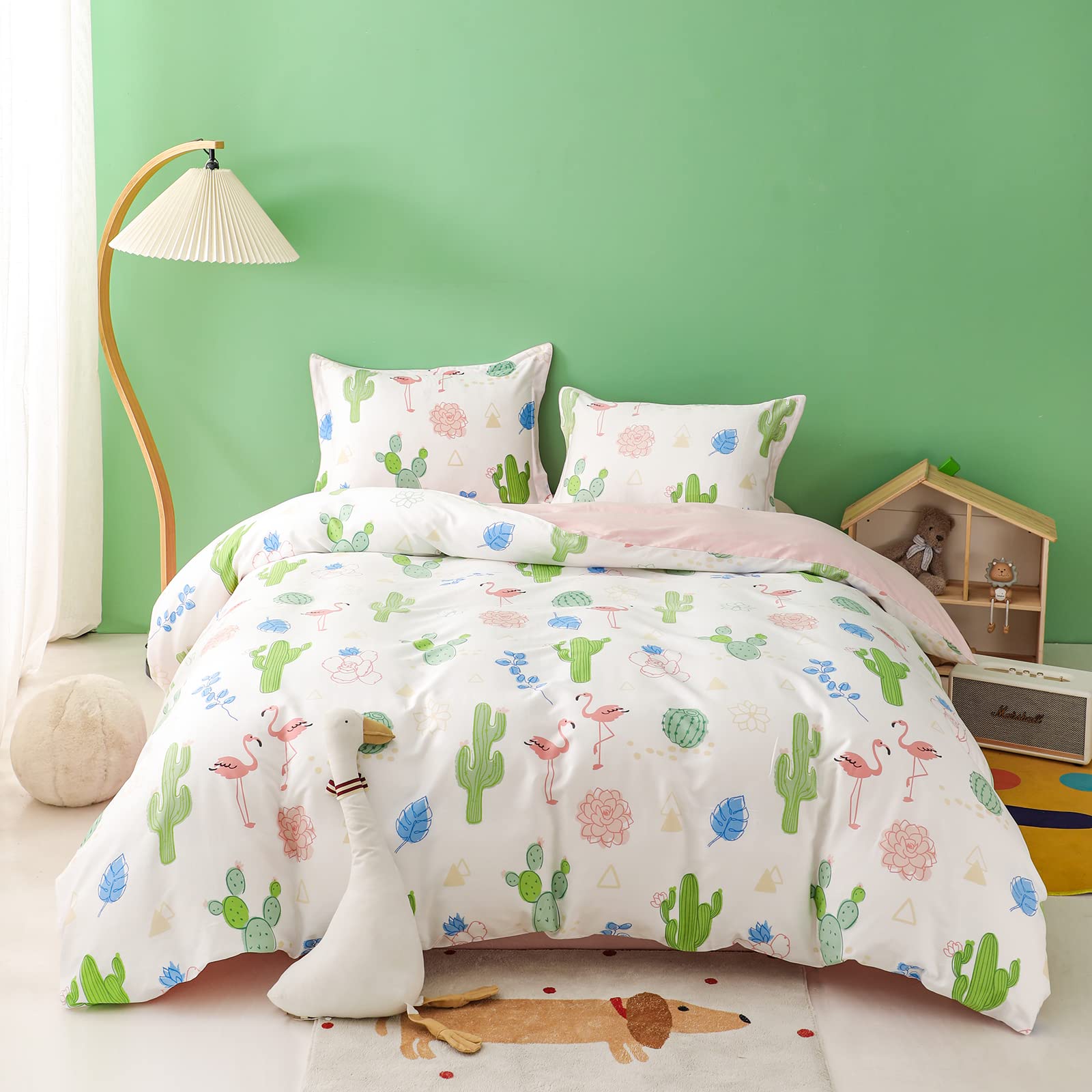 Simple&Opulence 100% Organic Cotton Flamingo Duvet Cover Set for Kids & Teens | 3-Piece Soft Comforter Cover with Zipper Closure | Cactus Print Twin Size Bedding | Perfect for Nursery, Dorm Room & Cozy Bedroom Decor