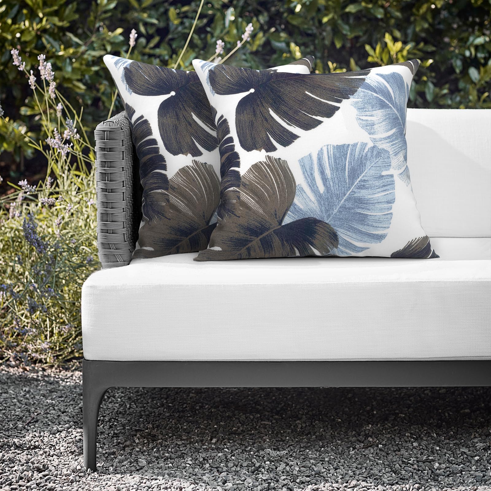 16x16 Inch Waterproof Outdoor Throw Pillows Set of 2 - Monstera Blue Patio Cushions for Garden Furniture, Deck & Porch Decor | All-Weather Home Accessories for Poolside Lounging & Backyard Relaxation
