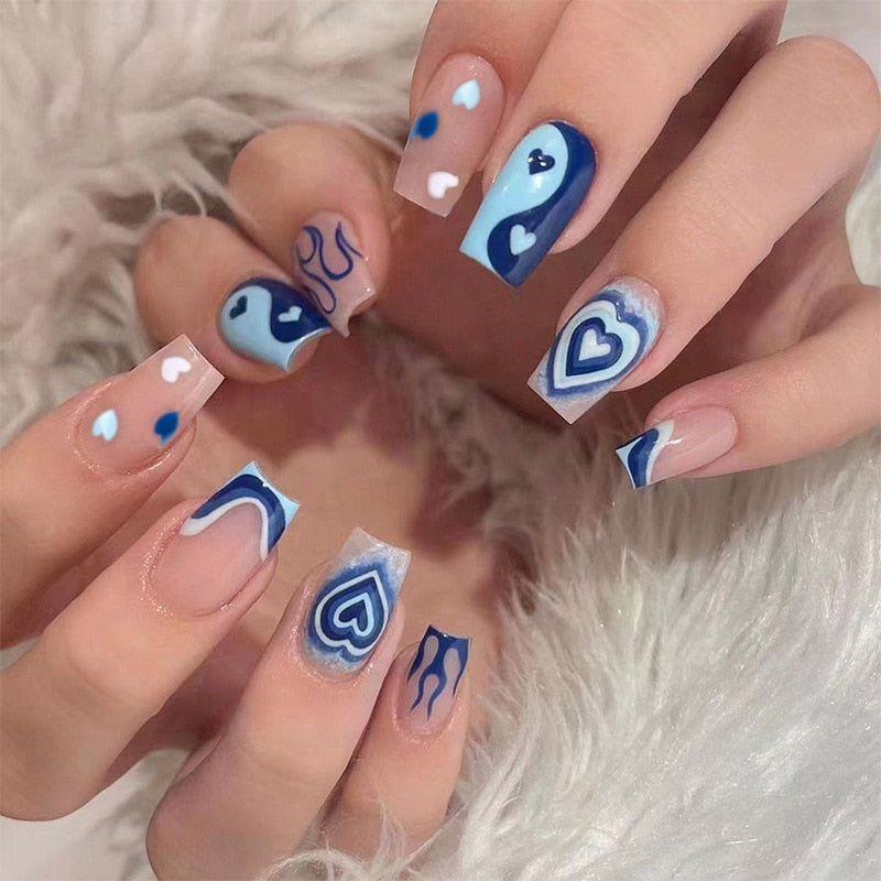 24pcs/Box Long T Handmade Valentine's Day French Flame Wave False Nails with Diamond - Waterproof Gel Nail Art for Wedding, Party & Special Occasions