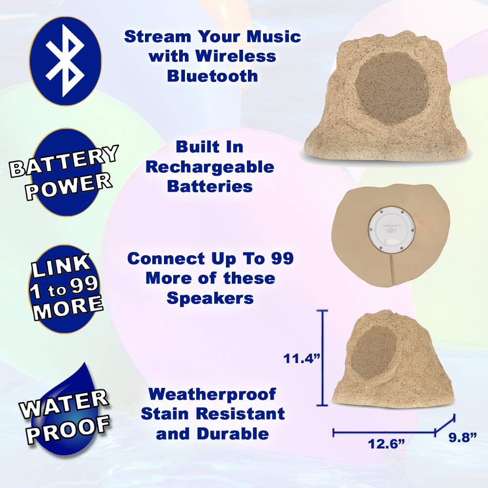 Theater Solutions by Goldwood B62S Wireless Rechargeable Bluetooth Outdoor 6.5 Inch Rock Speaker System – Sandstone, Set of 2, 200 Watts | Perfect for Patio, Garden, Poolside & Backyard Entertainment | Weatherproof & High-Quality Sound