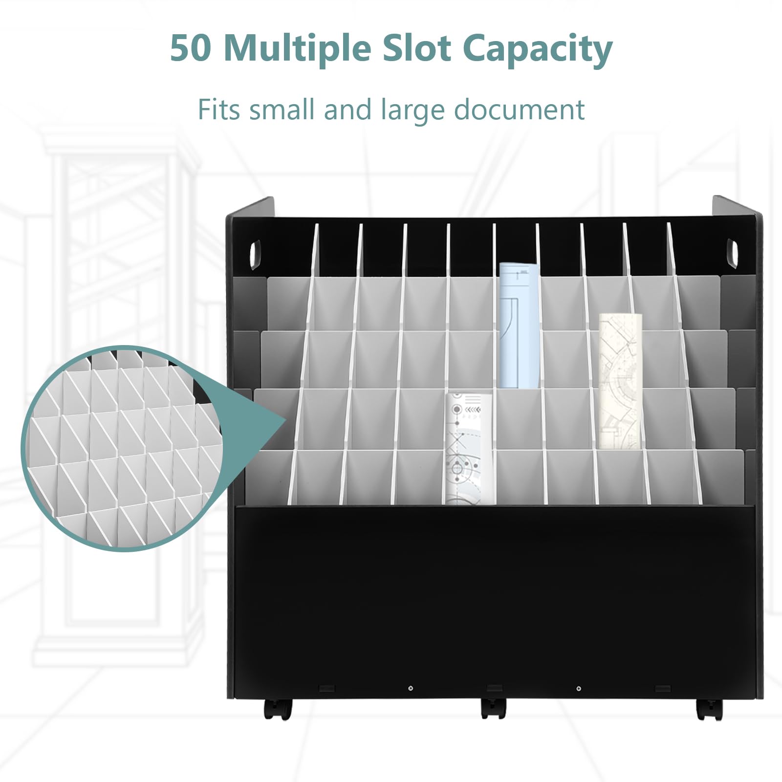 50-Slot Blueprint Storage Rack Cart with Wheels - Portable Construction Plan Holder & Organizer for Blueprints, Drawings, and Roll Files - Ideal for Architects, Engineers, and Construction Sites (Black)