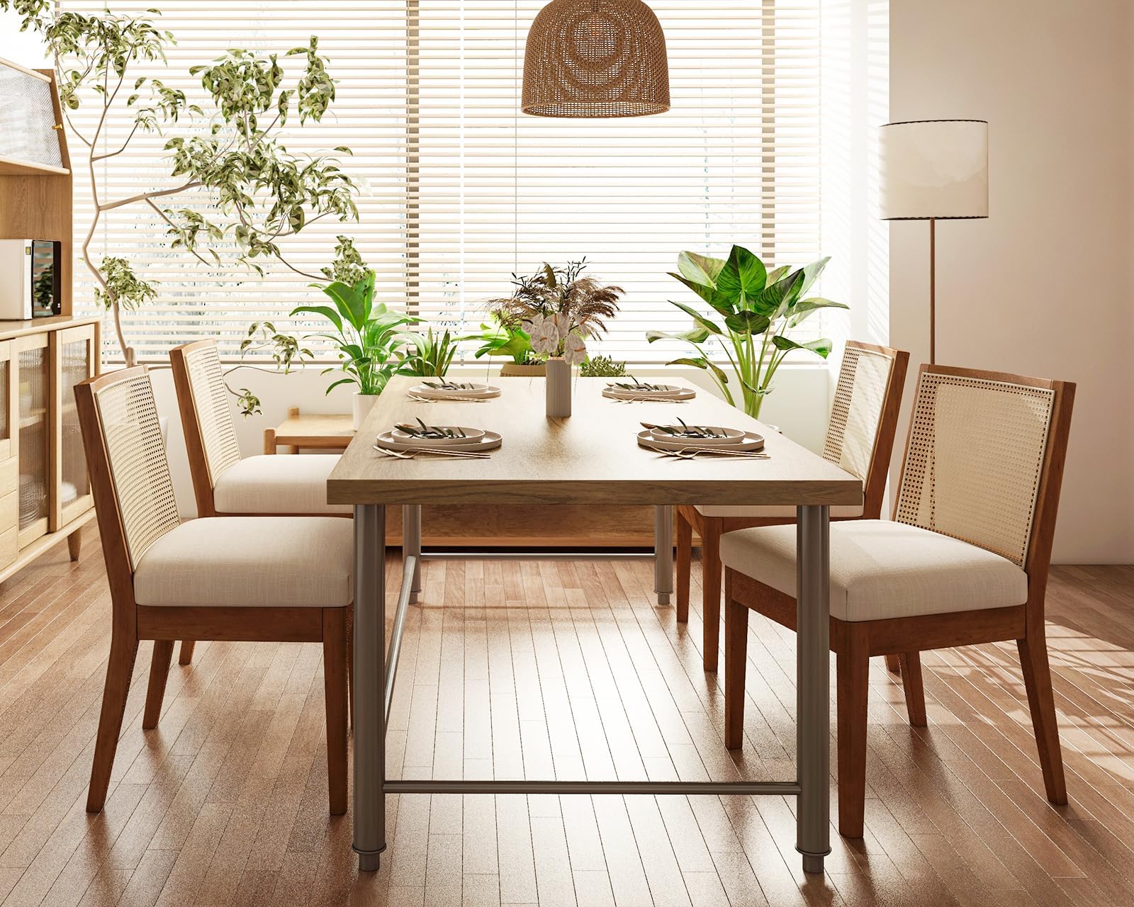 Vintage Rattan Dining Chairs Set of 2 - Mid Century Modern Kitchen & Dining Room Chairs with Cane Upholstery and Solid Hardwood Frame in Beige - Perfect for Farmhouse, Boho, or Coastal Style Dining Areas