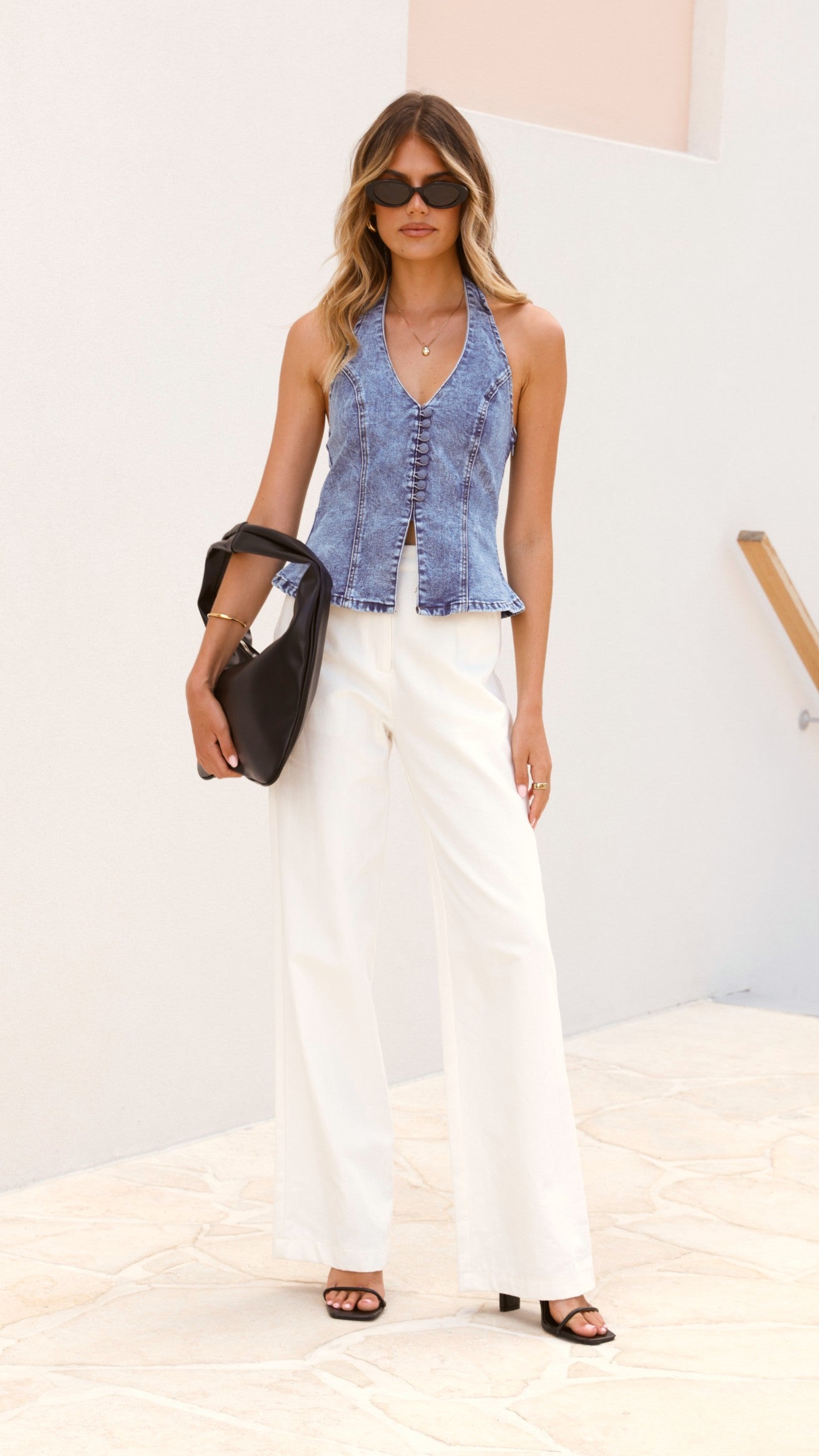 Basira Halterneck Vest - Mid Blue Denim Women's Fashion Top for Summer, Beach & Casual Outfits