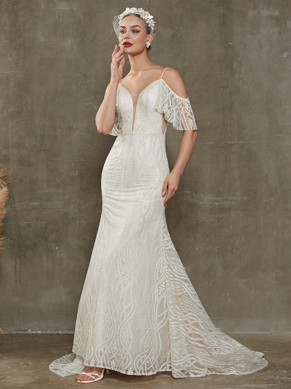 Sparkling Convertible Off-Shoulder Mermaid Wedding Dress with Detachable Train - Elegant Bridal Gown for Beach, Church & Formal Weddings
