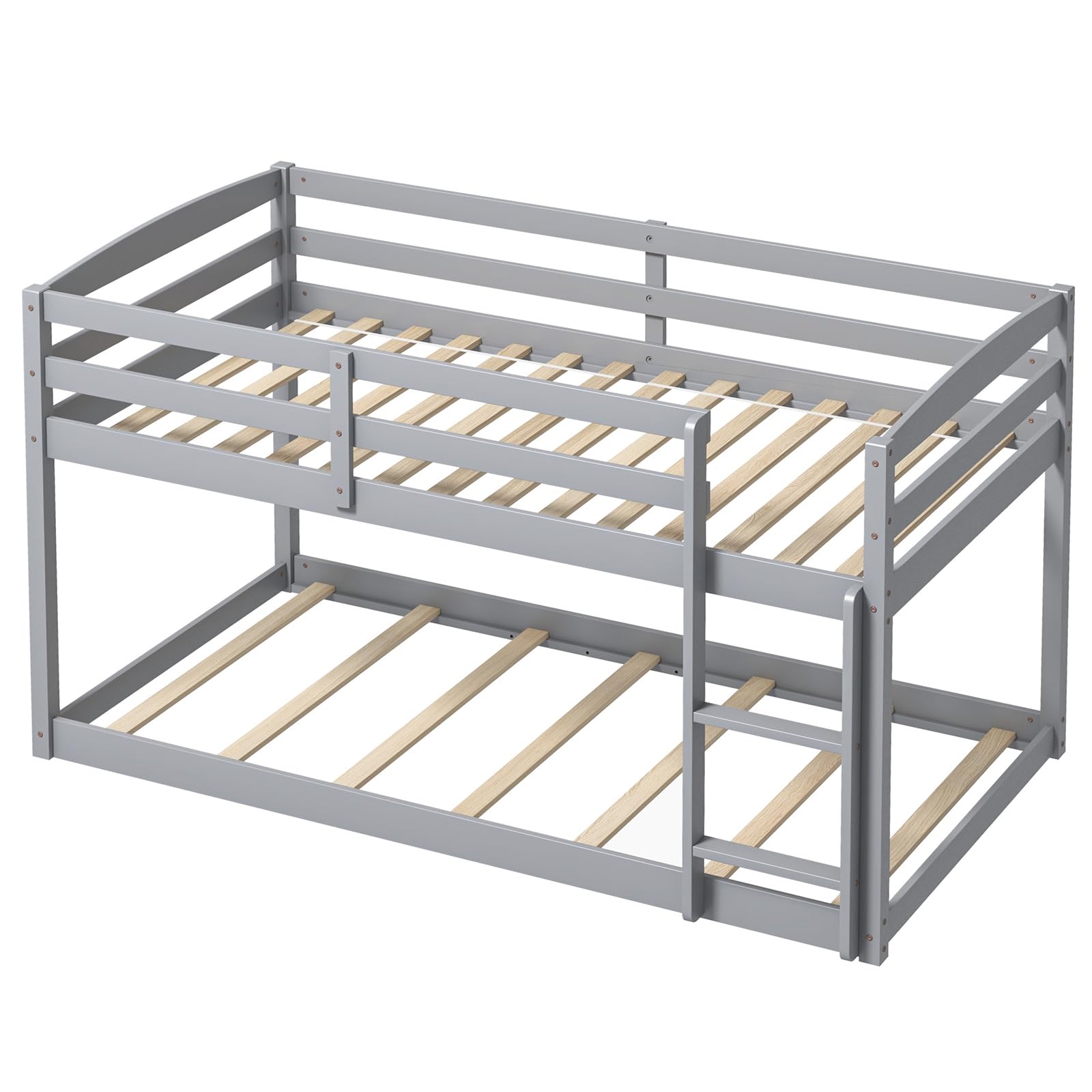 Giantex Twin Low Bunk Bed Frame - Solid Wood Twin Over Twin Bunk Bed with Full Guardrails & Built-in Ladder - Kids Bunk Beds for Boys and Girls - No Box Spring Required - Grey - Perfect for Small Bedrooms, Shared Kids Rooms, and Space-Saving Sleep Solutions