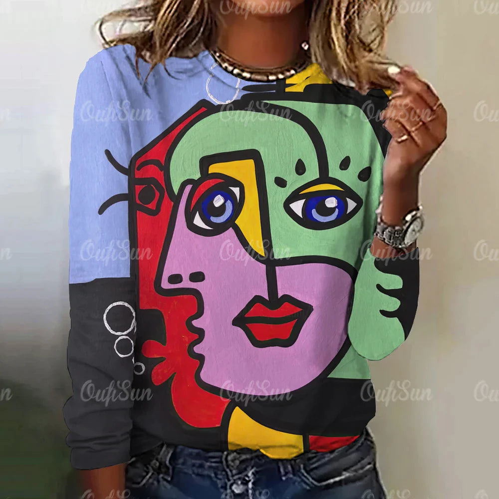 Funny Face Print Women's Long Sleeve T-Shirt | Harajuku Style Gothic Graphic Tee | Oversized Fashion Top for Women & Girls | Perfect for Halloween, Cosplay & Streetwear Outfits