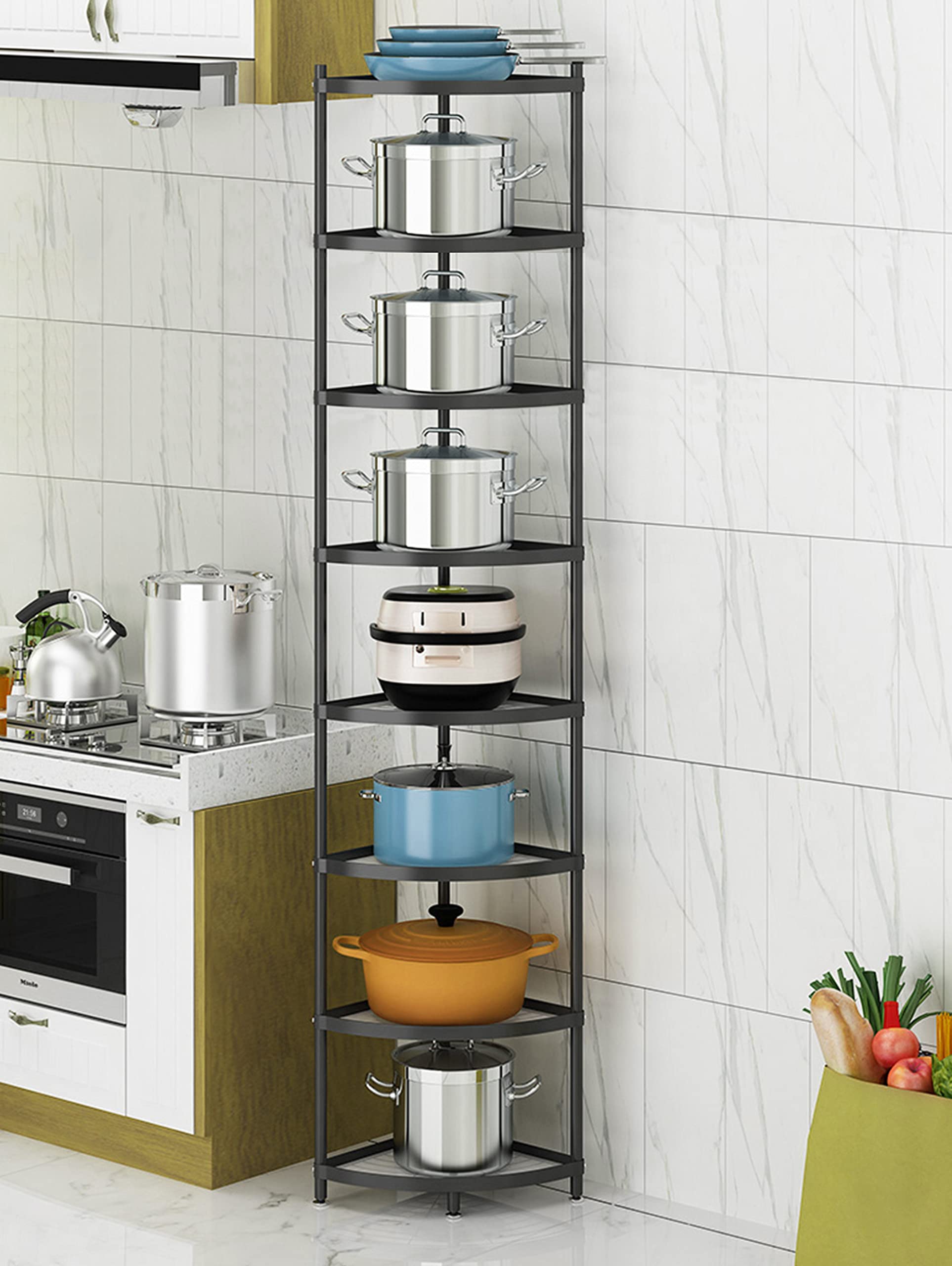 8-Tier Metal Kitchen Corner Shelf Rack - Multi-Layer Pot Storage Organizer & Spice Holder for Pantry, Cabinet, Countertop Organization - Space Saving Solution for Small Kitchens