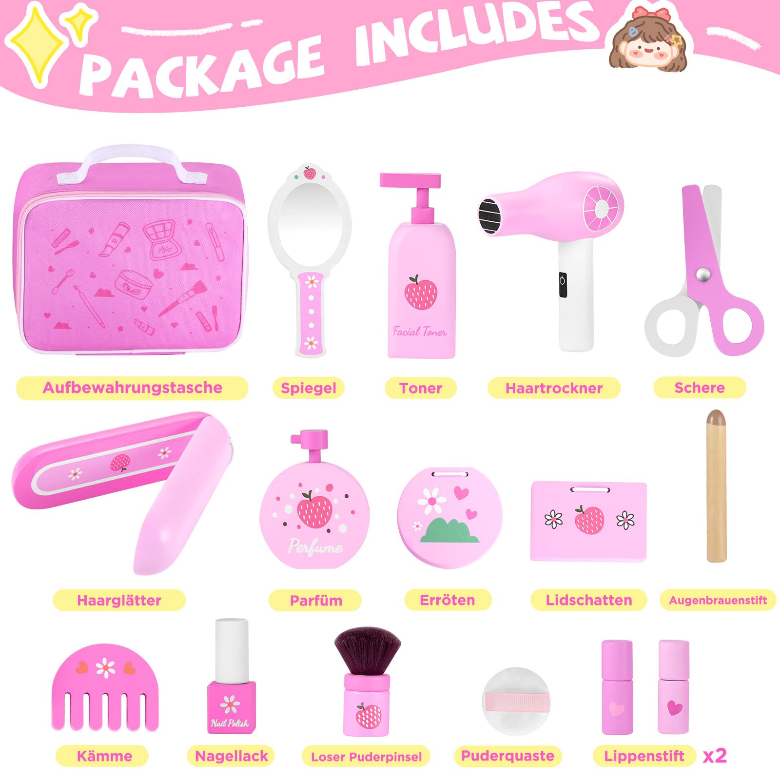 GAGAKU Wooden Makeup Set for Kids - Montessori Fake Makeup Play Dress Up Kit with Hair Dryer & Mirror - Pretend Play Cosmetic Toy for Toddler Girls (Birthday Gift, Role Play, Dress Up Party)