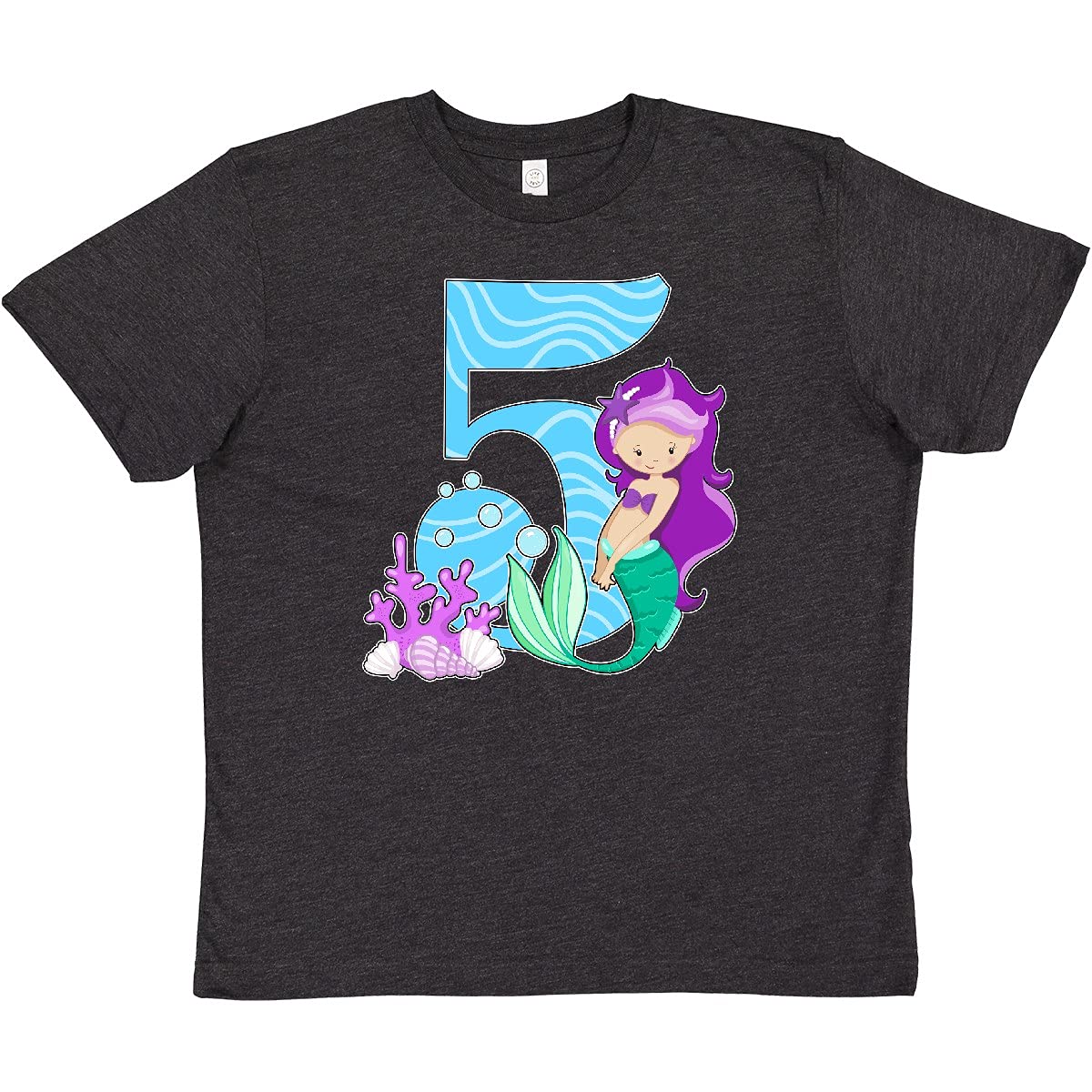 Inktastic Fifth Birthday Mermaid Youth T-Shirt - Cute Mermaid Design for Girls' 5th Birthday Party, Beach Day & Summer Outfits