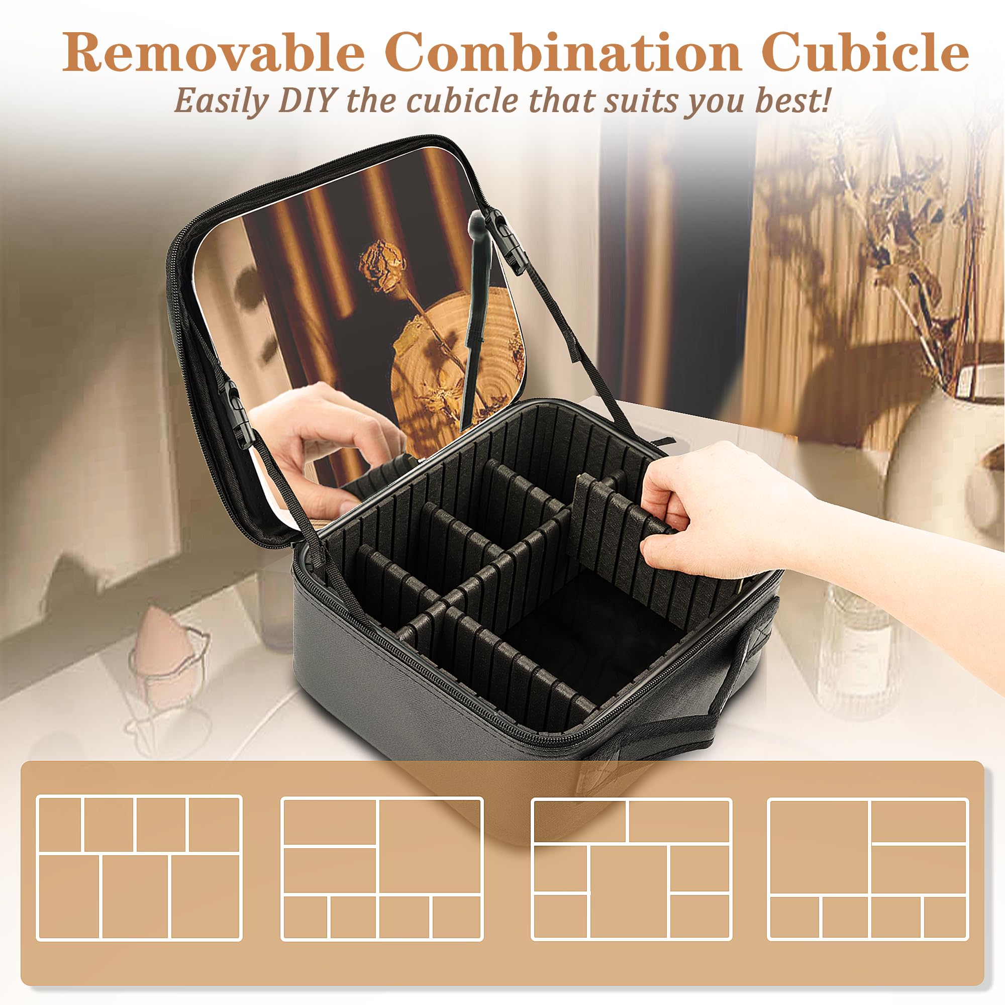 Makeup Bag with Mirror & 10x Magnification - Adjustable Dividers Cosmetic Organizer - Travel Makeup Case for Women (Black) - Perfect for Travel, Home & Salon Use