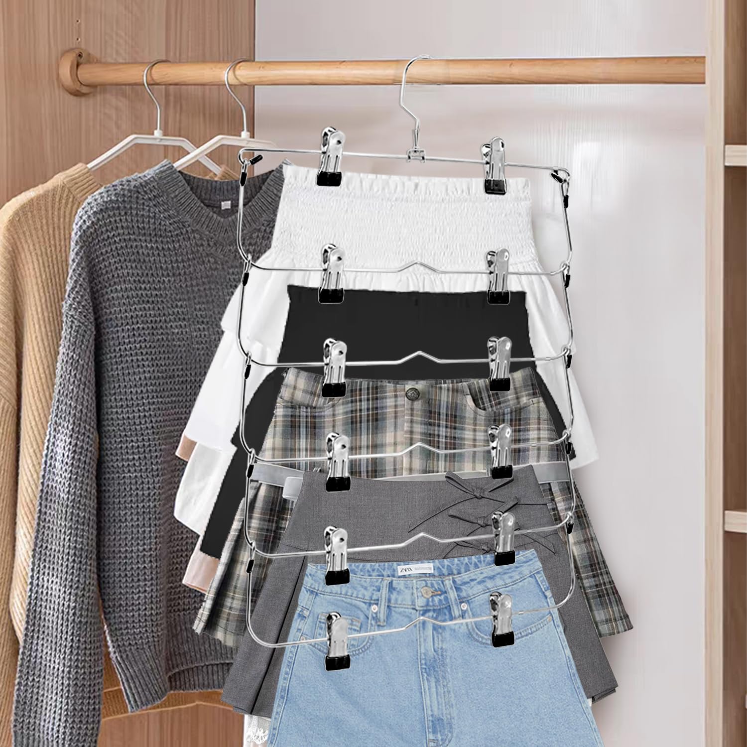 6-Tier Metal Skirt Pants Hangers with Non-Slip Clips - Space Saving Closet Organizer for Skirts, Shorts & Clothes (2 Pack, Black) - Perfect for Wardrobe Organization & Small Closet Storage