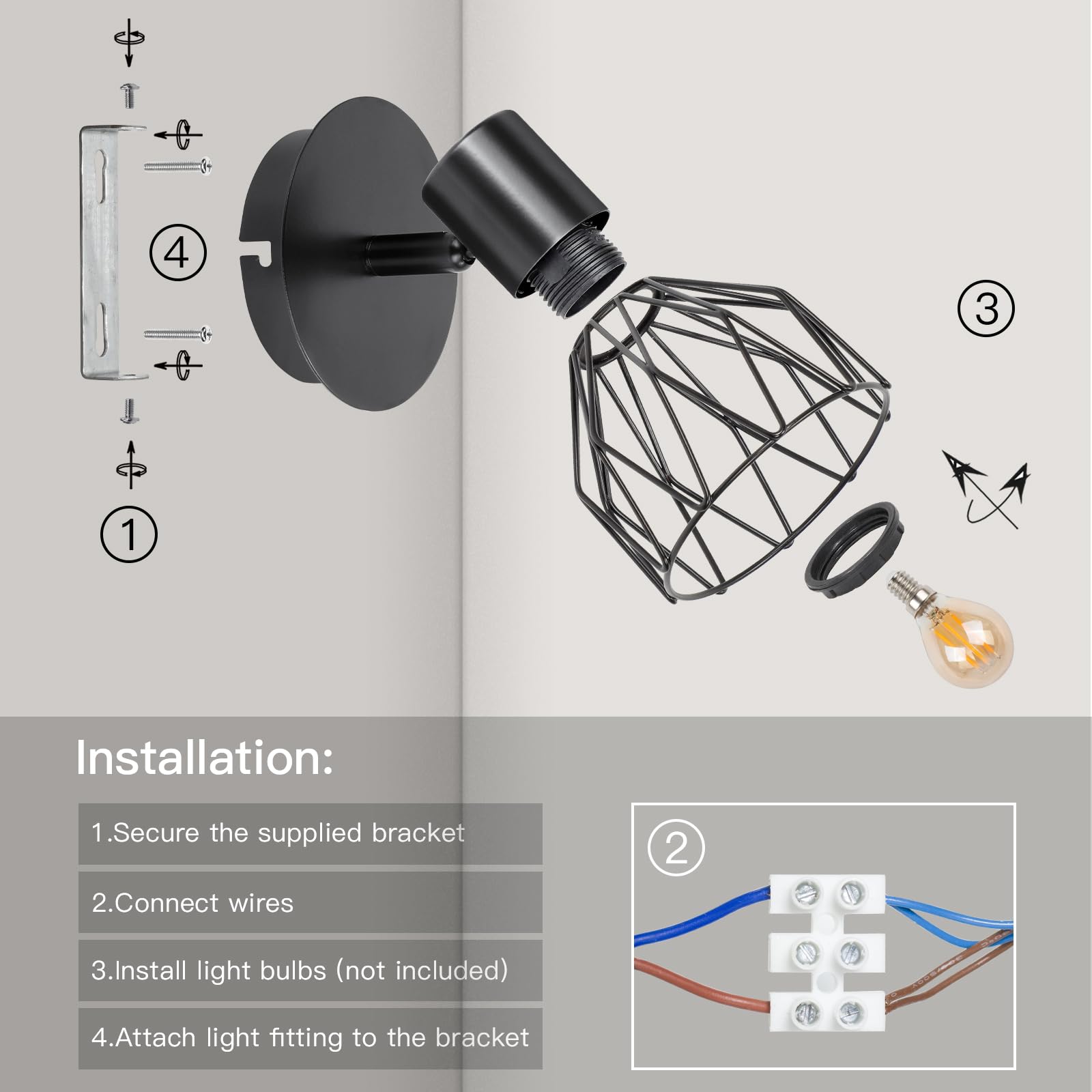 Industrial Wall Lights with E14 Socket - Adjustable Wire Cage Shade, Black Metal Sconce Lighting (2 Pack) - Perfect for Living Room, Bedroom, Hallway & Shop Decor