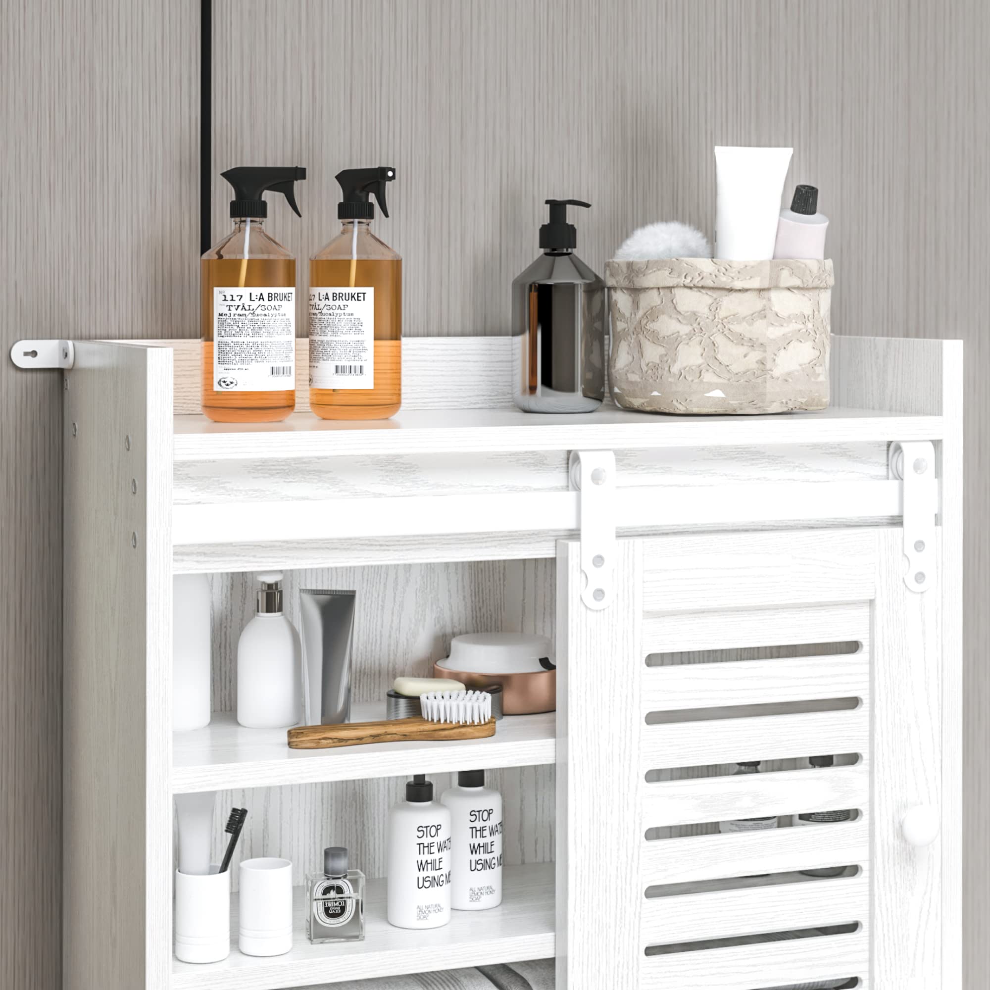 IRONCK 6-Tier Over The Toilet Storage Rack with Cabinet & Drawer - Adjustable Bathroom Organizer Shelves with Sliding Door, Paper Hook - White Space Saver for Small Bathrooms, Apartments & Dorm Rooms