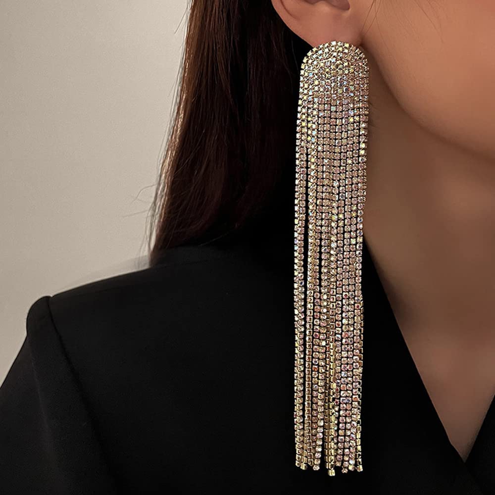 Missgrace Women's Bohemian Dangle Tassel Earrings - Rhinestone Statement Jewelry Set for Parties & Special Occasions (Silver) | Trendy Unique Disco Bar Earrings for Women | Perfect for Weddings, Date Nights & Festivals