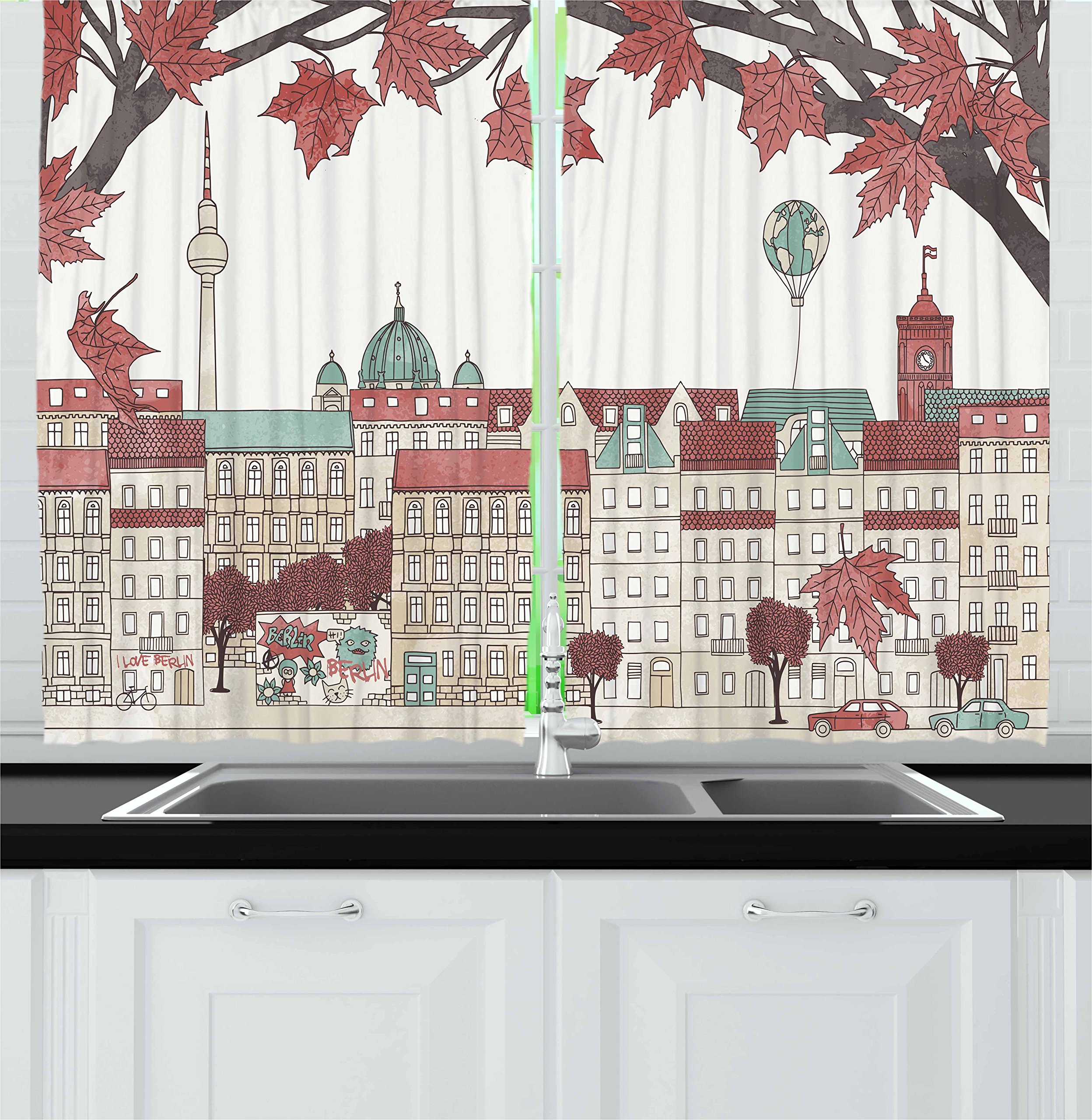 Ambesonne German Kitchen Curtains - Autumn in Berlin Hand-Painted City Illustration, 2-Panel Window Drapes for Kitchen & Cafe Decor, 55