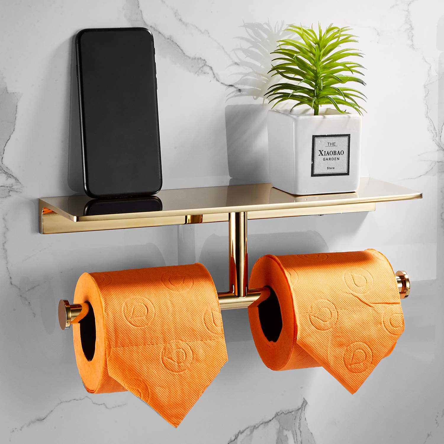 Double Roll Toilet Paper Holder with Shelf - Solid Brass Hotel Style Tissue Dispenser with Storage - Polished Gold Finish for Bathroom & Luxury Restrooms