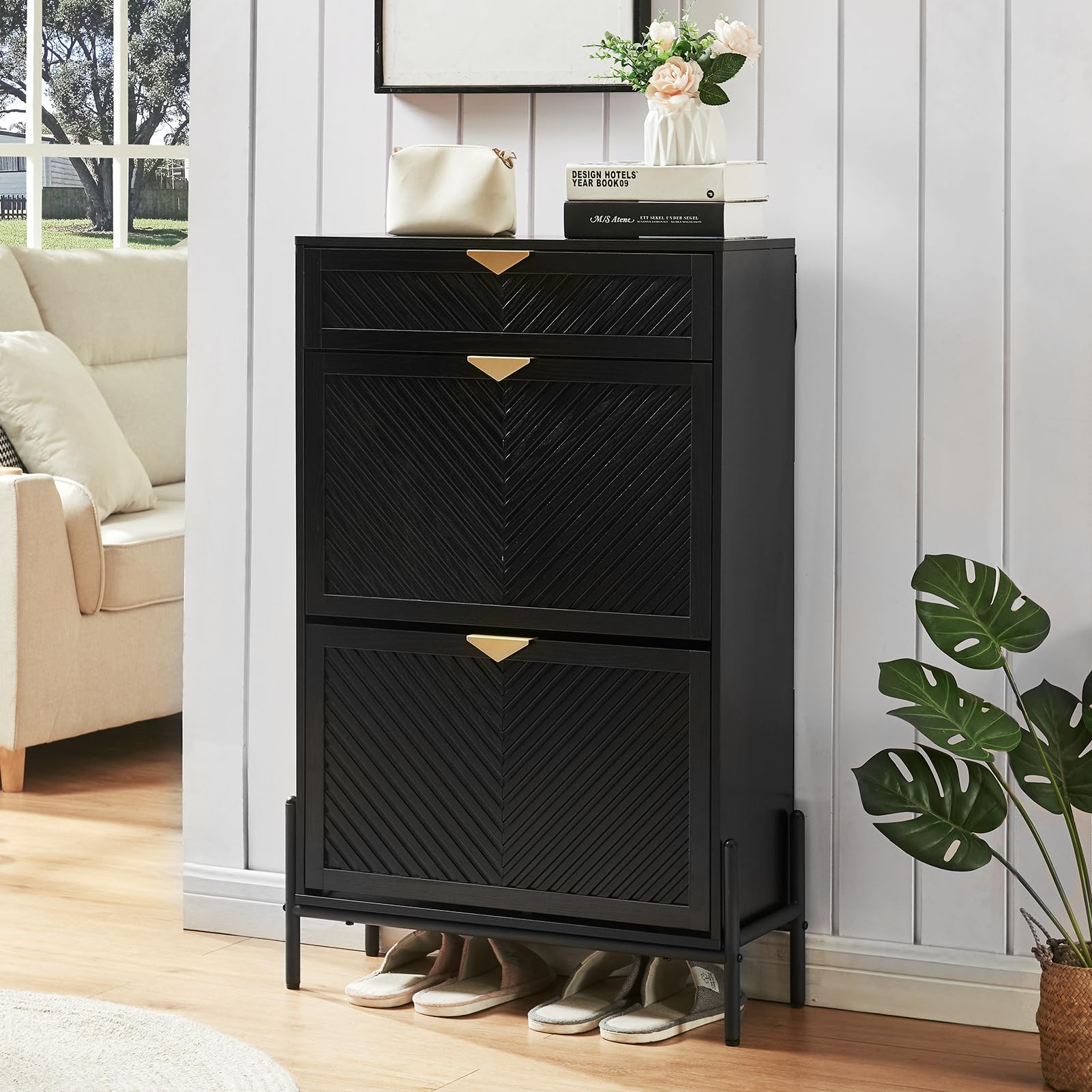 Narrow Shoe Storage Cabinet with 2 Flip-Up Doors - Freestanding Entryway Shoe Organizer for Small Spaces, Hidden Shoe Rack for Front Door Entrance (Black) | Perfect for Apartments, Dorm Rooms & Closet Organization