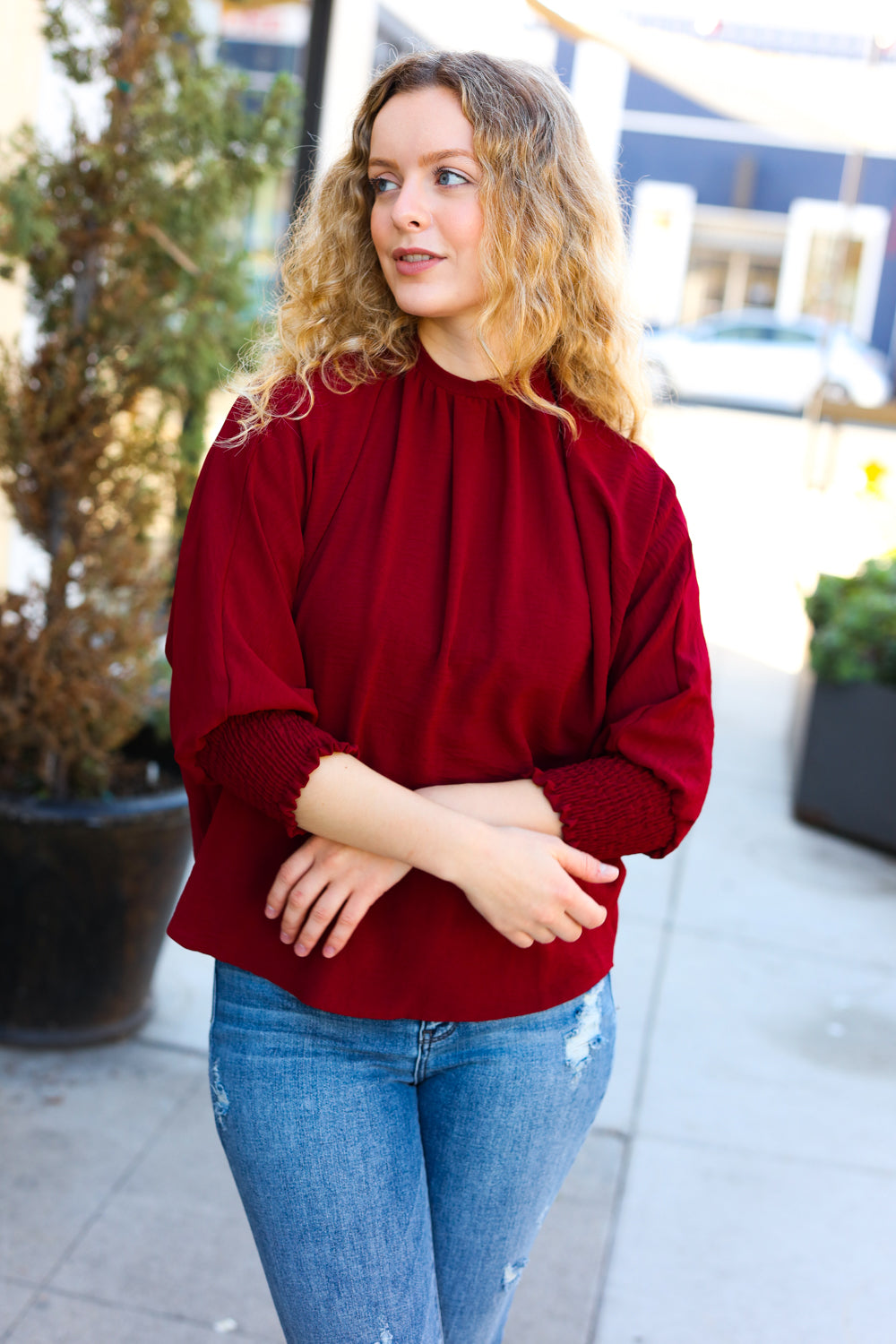 Bold Dreams Wine Smocked Three Quarter Sleeve Tie Back Top - Elegant Women's Blouse for Date Night, Cocktail Parties & Summer Outings