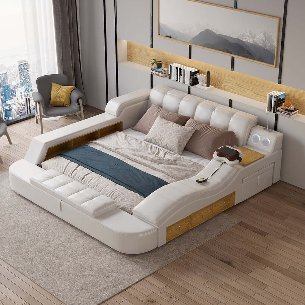 King Size White Smart Bed with Massage & Bluetooth Speaker - Faux Leather Upholstered Adjustable Bed for Ultimate Relaxation | Perfect for Bedroom, Home Theater & Luxury Living Spaces