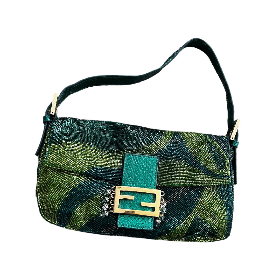 Fendi Green Beaded Baguette Bag - Stylish Designer Crossbody Purse for Women | Perfect for Evening Parties, Date Nights & Special Occasions