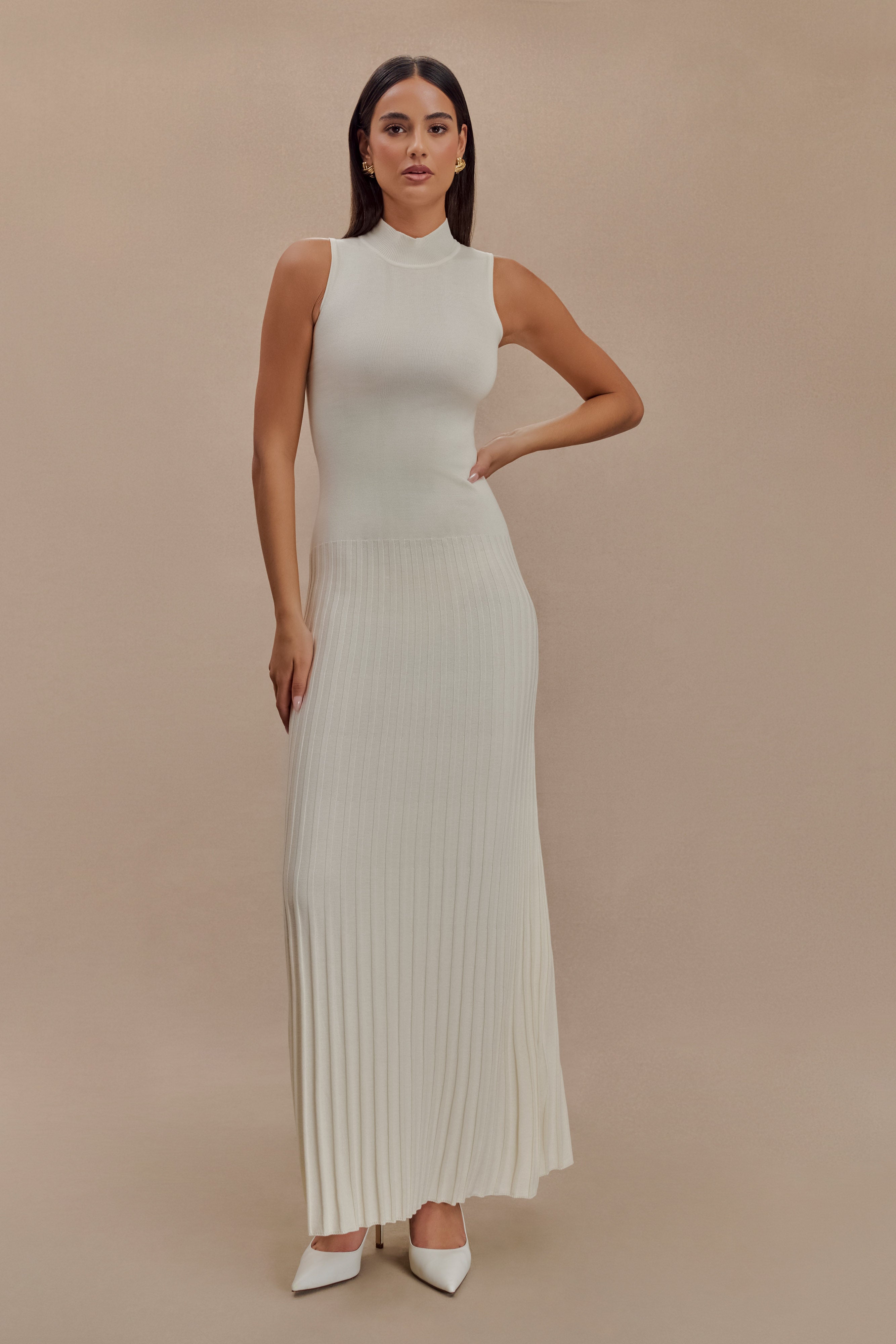 Elegant Mavis High Neck Pleated Maxi Dress in Ivory - Perfect for Weddings, Parties & Special Occasions