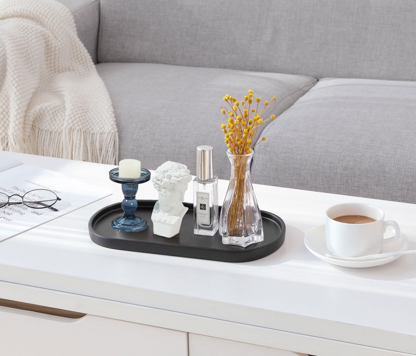 Luxspire Oval Bathroom Vanity Tray - Handmade Resin Soap Dispenser & Jewelry Organizer - Matte Black Marble Countertop Tray for Bathroom, Kitchen & Toilet Tank - Perfect for Perfume Display, Jewelry Storage & Home Decor