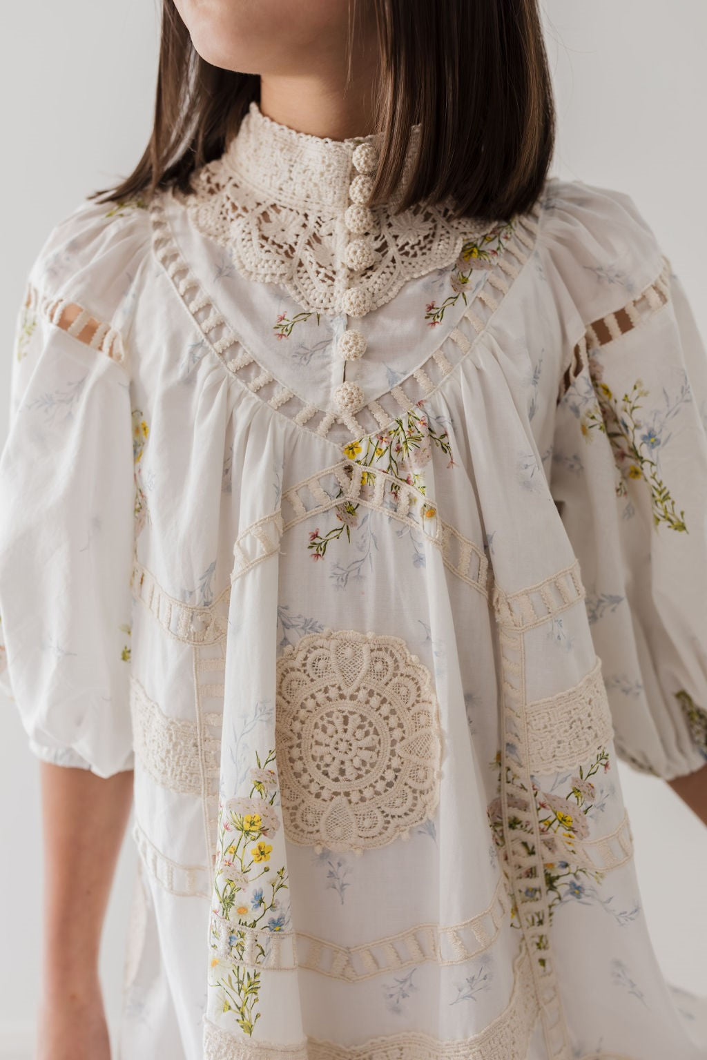 Petite Amalie Doily Applique Voile Spring Meadow Print Dress - Floral Summer Dress for Women, Boho Chic Style, Perfect for Garden Parties & Outdoor Events