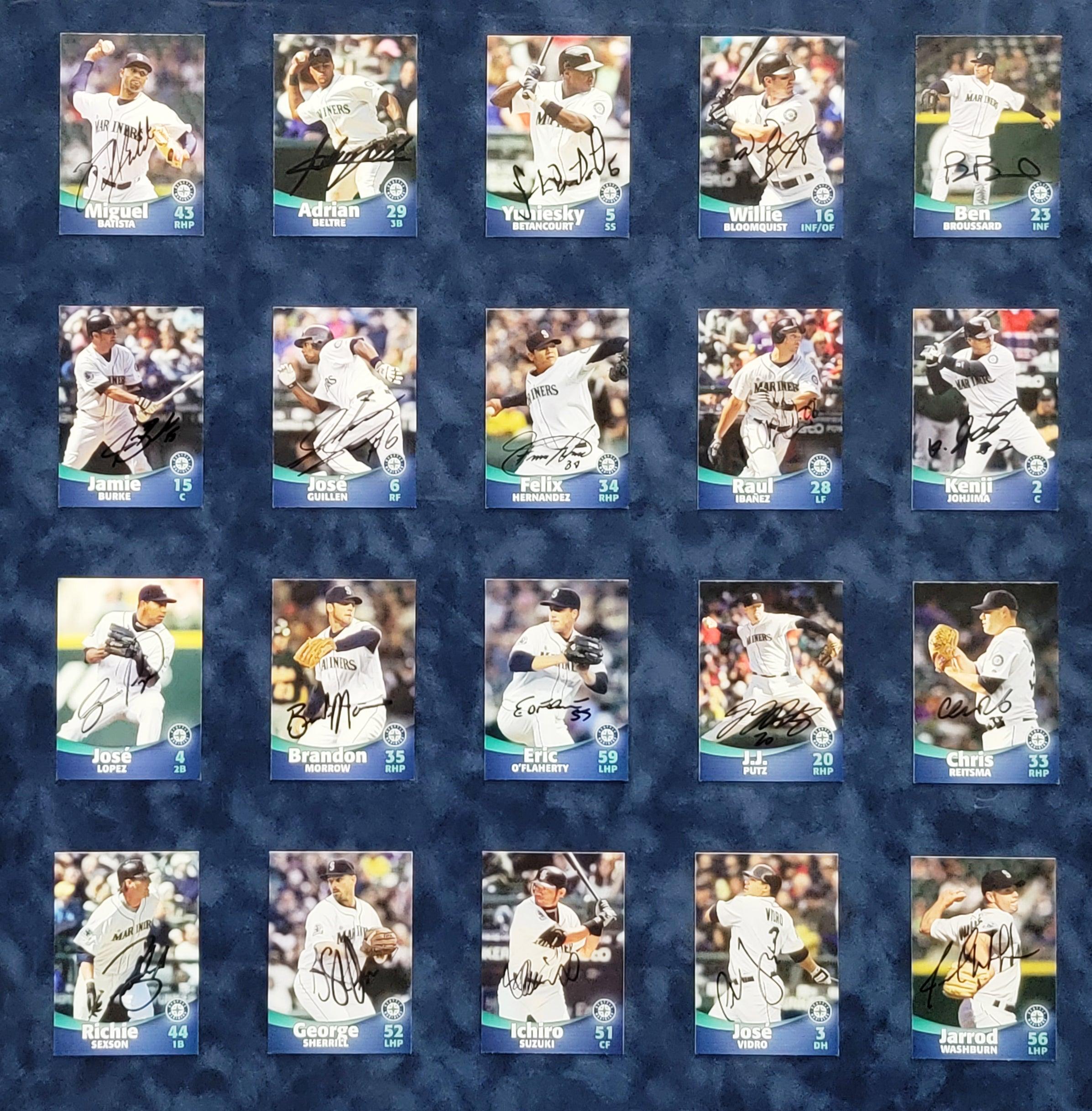 2007 Seattle Mariners Autographed Baseball Memorabilia - 23x36 Framed Card Collage with 26 Signatures Including Ichiro Suzuki & Felix Hernandez (SKU #207208) - Perfect for Sports Collectors, Man Cave Decor, and Baseball Fan Gifts