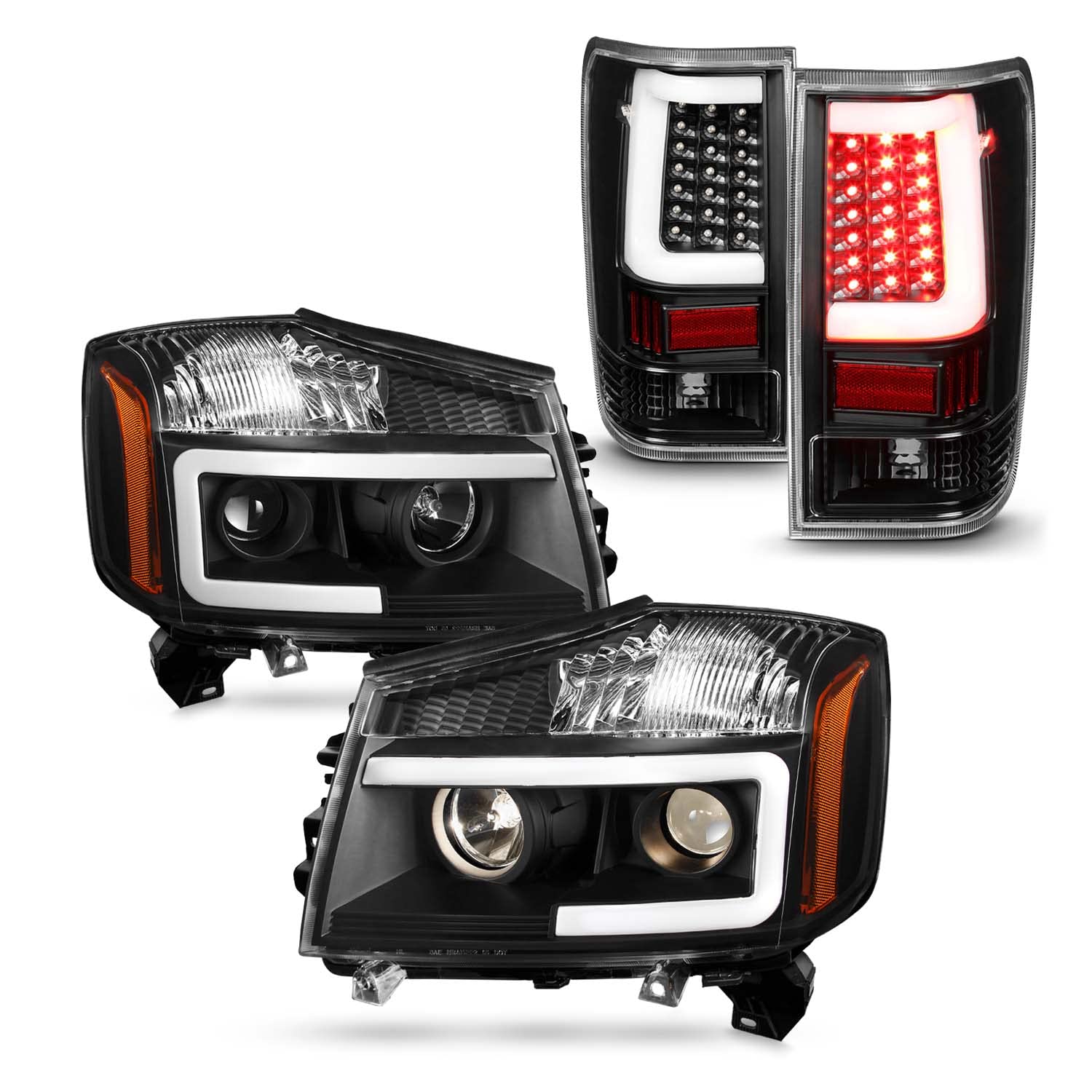 AKKON LED Headlights and Tail Lights for 2004-2015 Toyota Tacoma - Black Projector Headlights with DRL, Parking Lights & LED Tube Running Signal - Perfect for Off-Roading, Night Driving and Custom Truck Upgrades