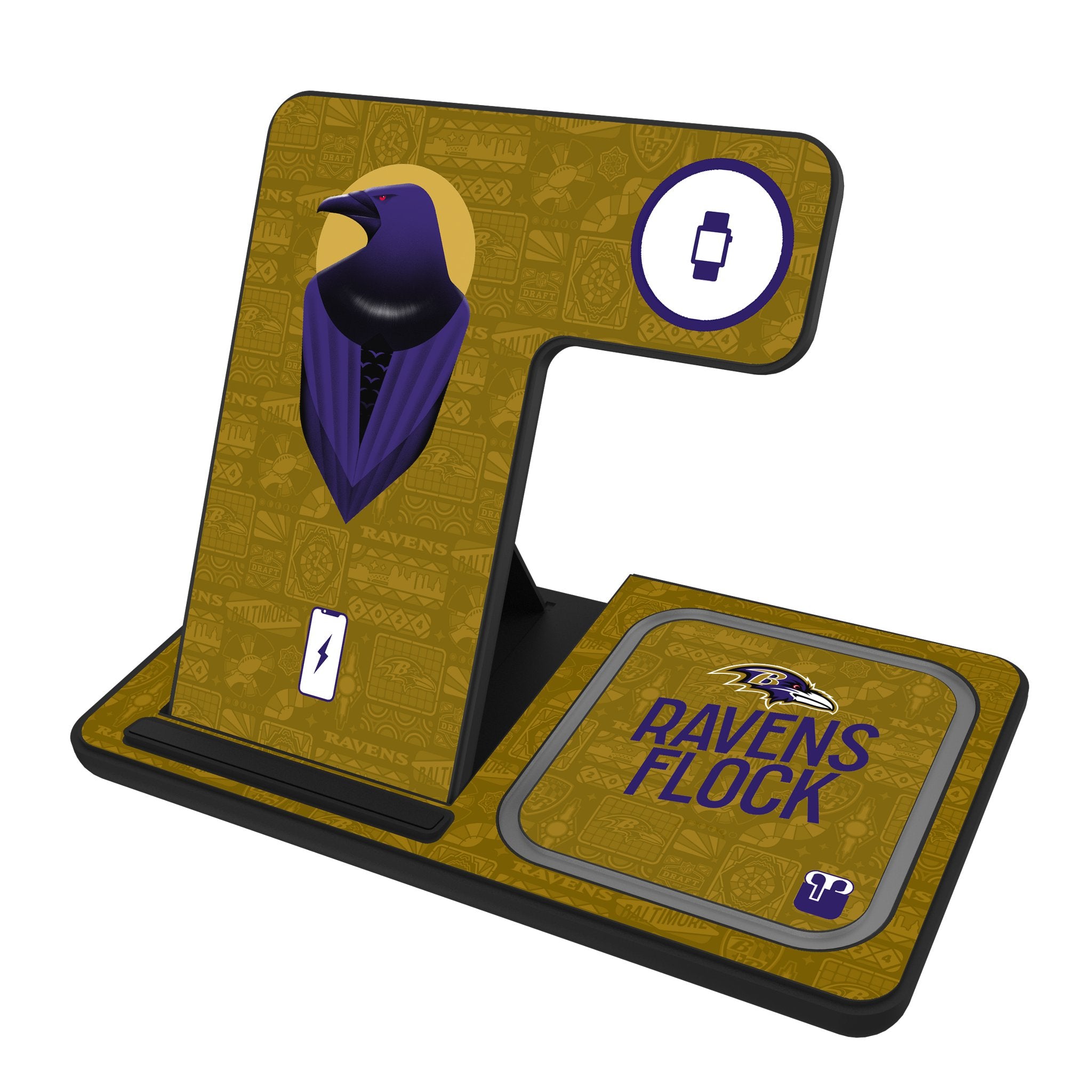Baltimore Ravens 2024 Illustrated Limited Edition 3-in-1 Charging Station - Fast Wireless Charger for iPhone, Android & AirPods - Perfect for Home, Office & Travel