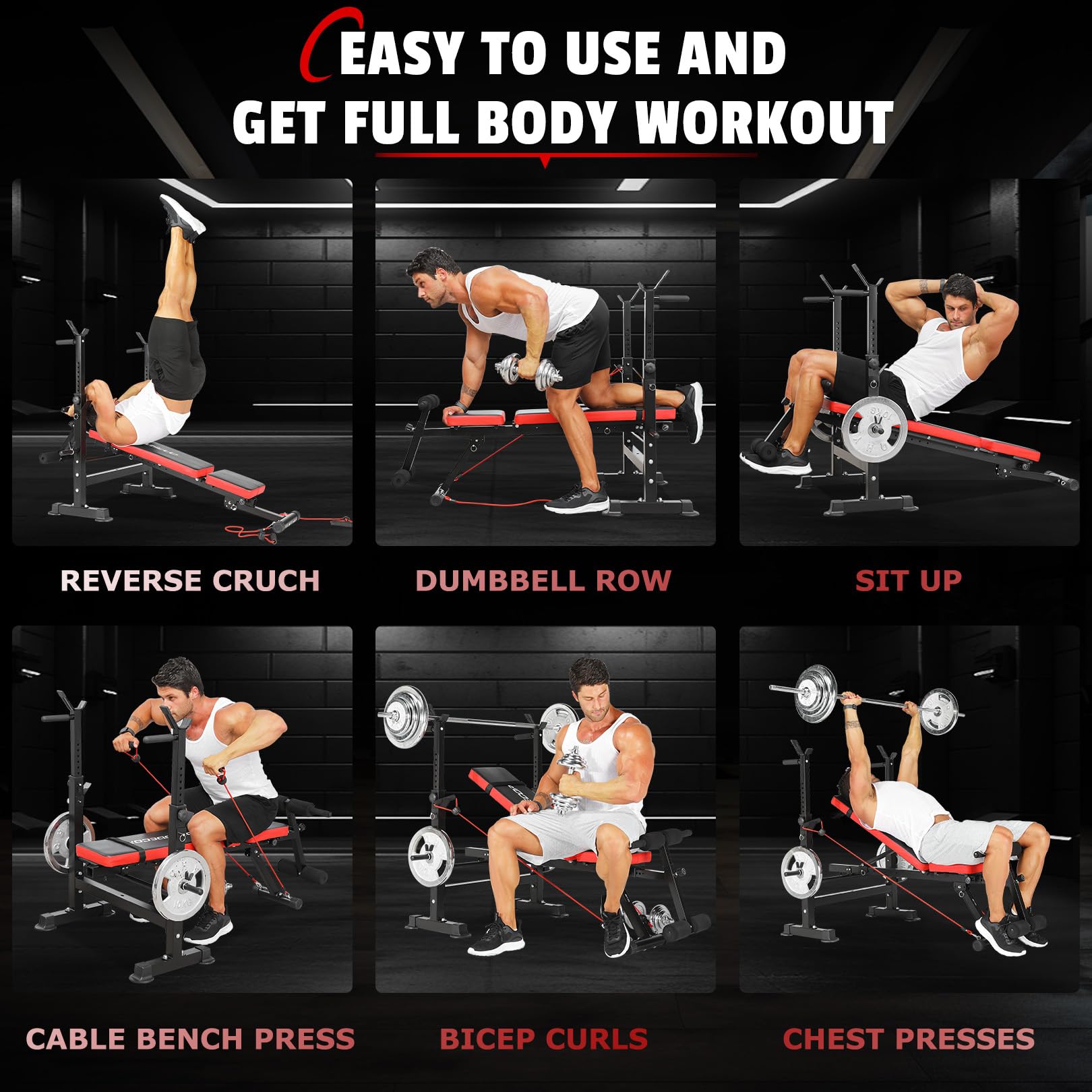 OPPSDECOR 600lbs 6-in-1 Weight Bench Set with Squat Rack - Foldable Adjustable Bench Press for Home Gym - Removable Foot Catch & Multi-Functional Workout Equipment for Strength Training & Fitness