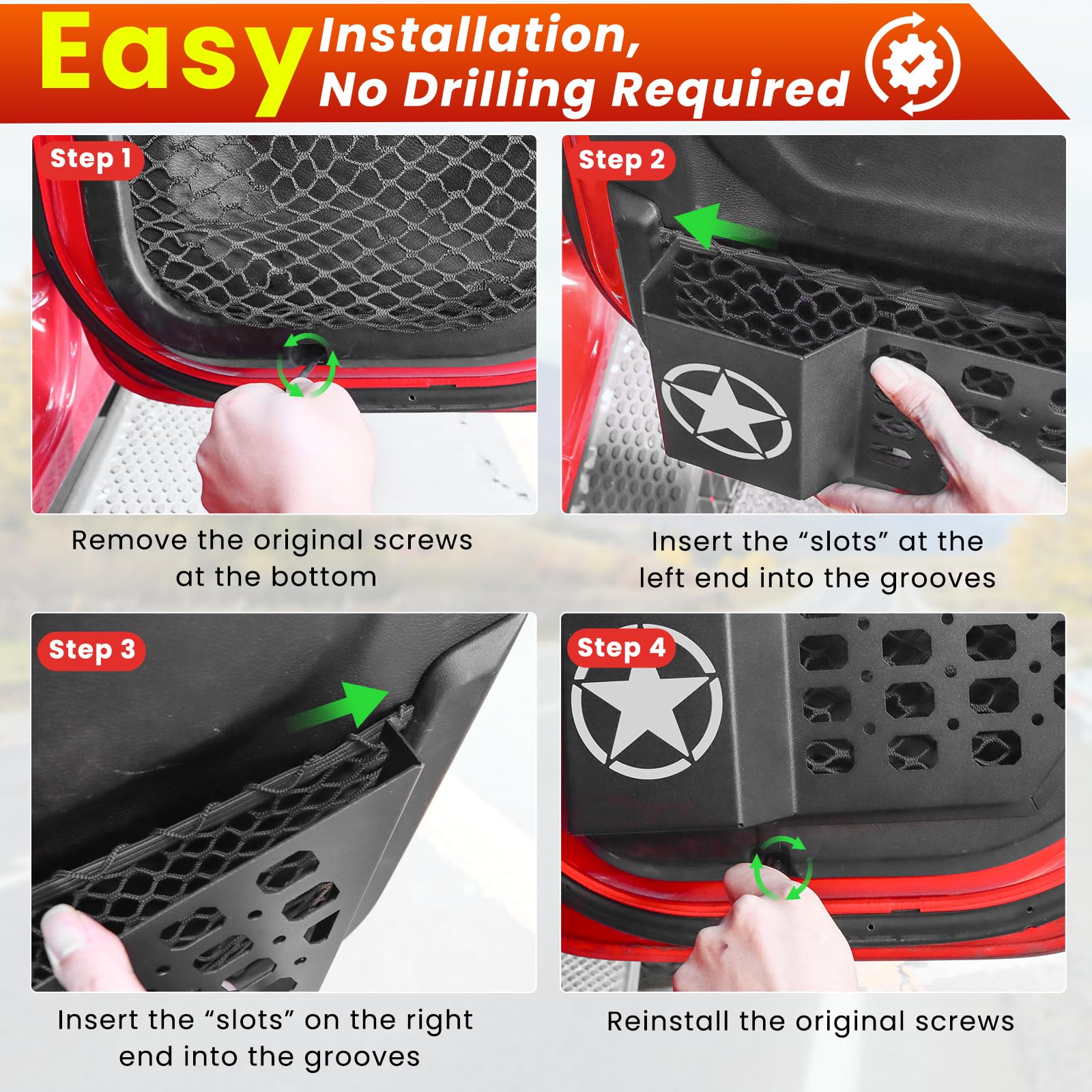 Jeep Wrangler JL JLU 4XE (2018-2025) & Gladiator JT (2020-2025) Metal Rear Door Storage Organizer - 2PCS Interior Door Pocket Inserts for Enhanced Storage | Perfect for Off-Road Adventures, Camping Gear & Daily Commute