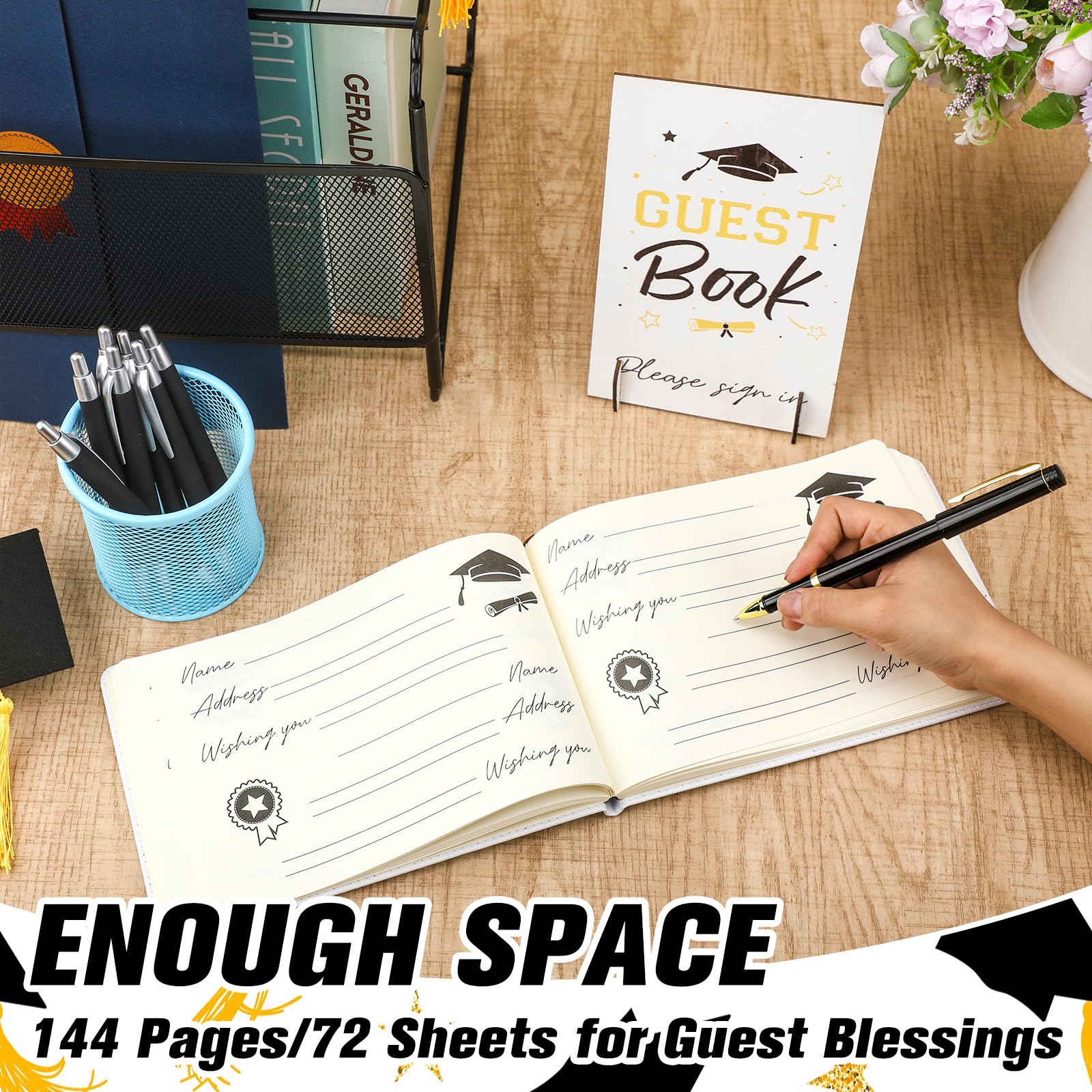 Premium Leather Graduation Guest Book Set with Pen & Table Sign - Elegant 2025 Graduation Guestbook for College & High School Graduation Parties - Perfect Graduation Gift & Keepsake (White) - Ideal for Commencement Ceremonies, Open House Events & Graduation Party Decor