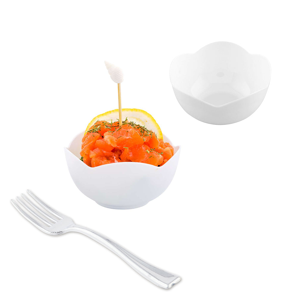100 Pack 2 oz Round White Plastic Le Fleur Cups with 100 Silver Mini Forks - Perfect for Wedding Favors, Baby Showers, Parties & Dessert Serving